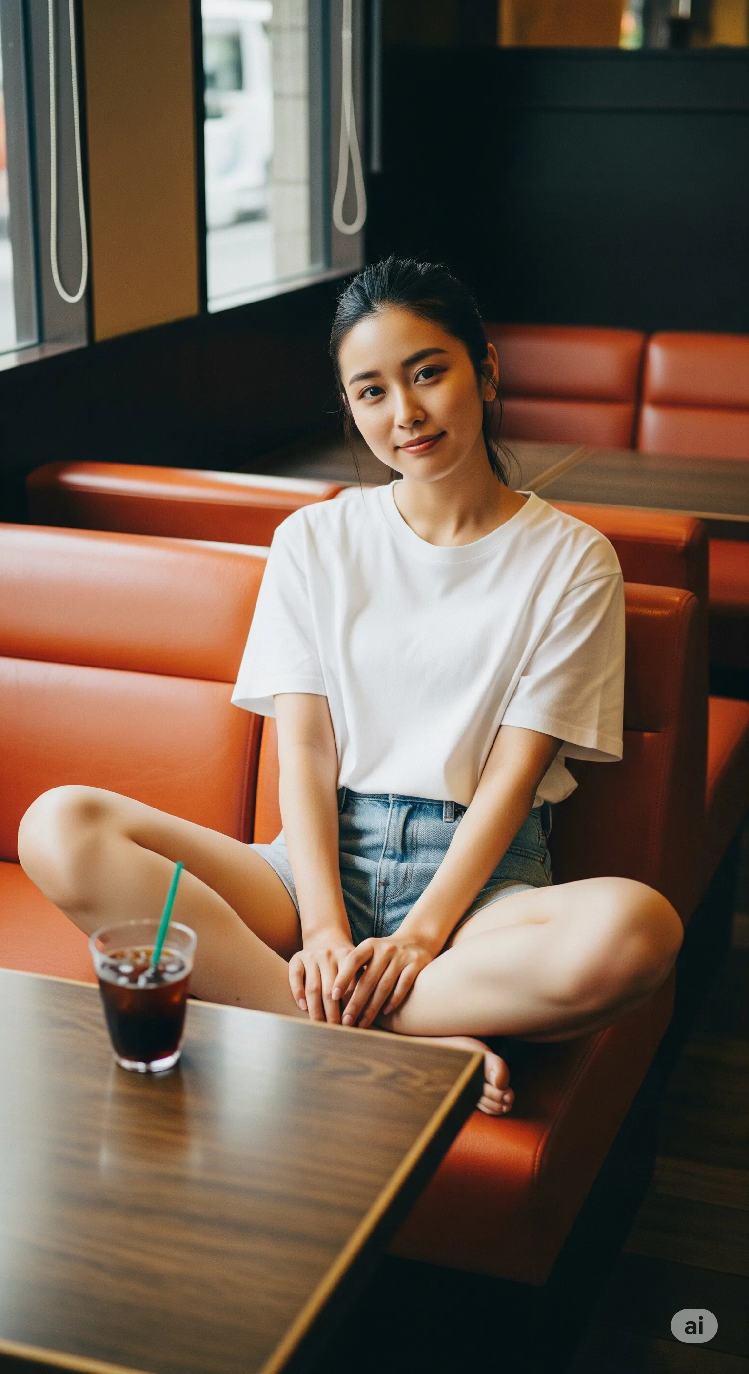 カフェの座席でリラックスし、お尻を突き出すような座り姿勢