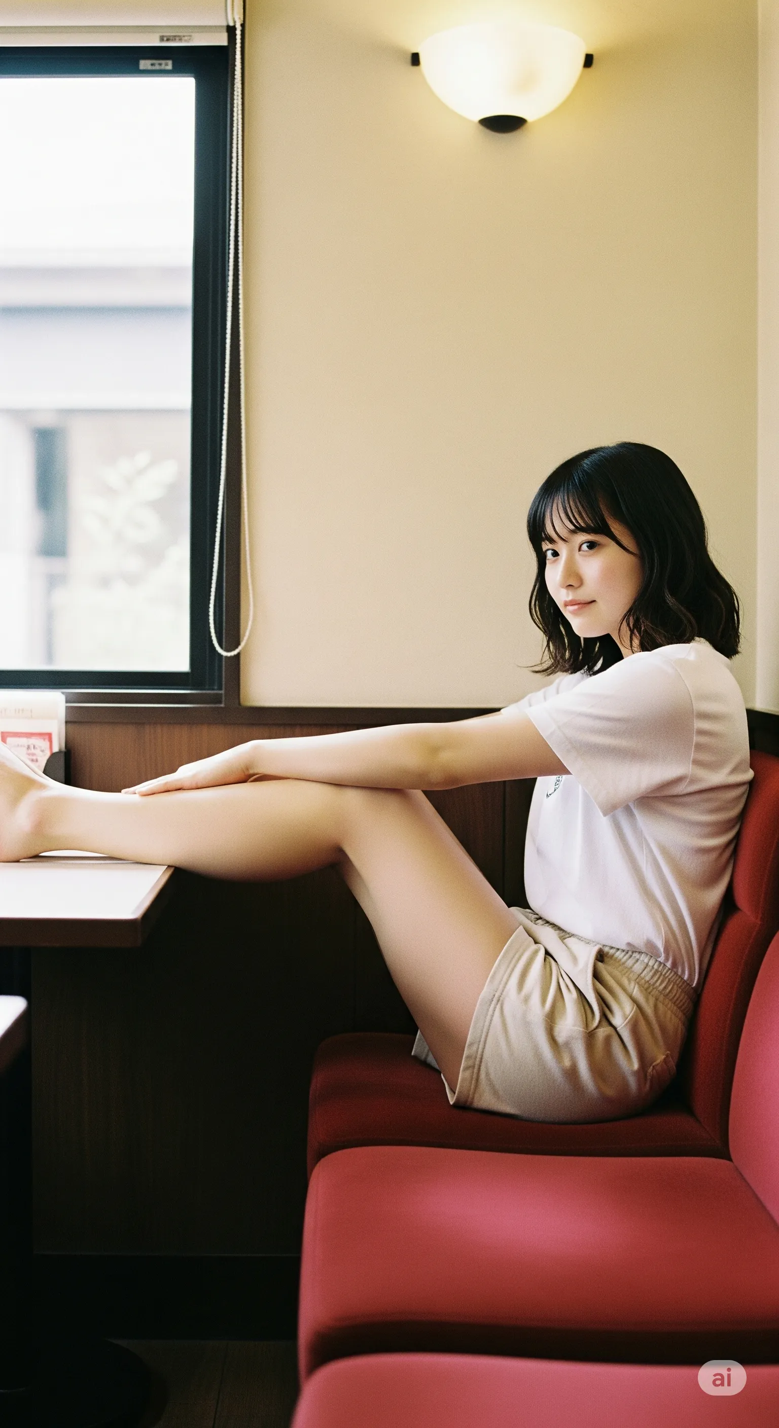 脚線美を強調し、テーブル下で足を遊ばせる美女