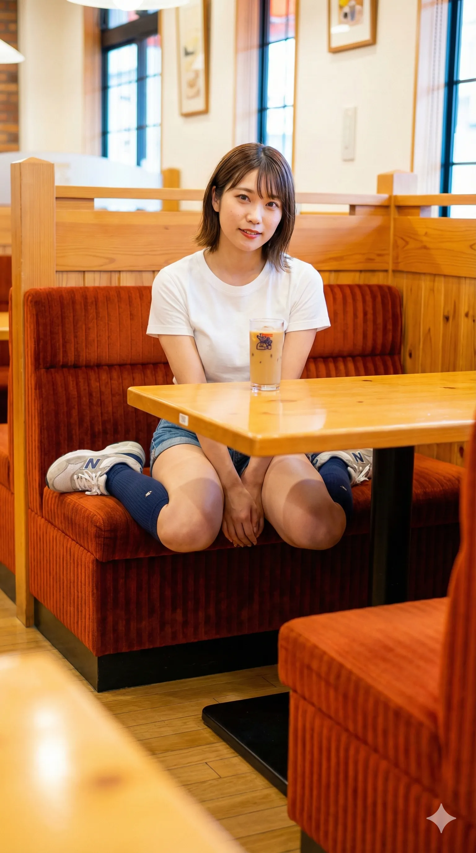 脚を揃えて座り、太ももを強調する店内の美女