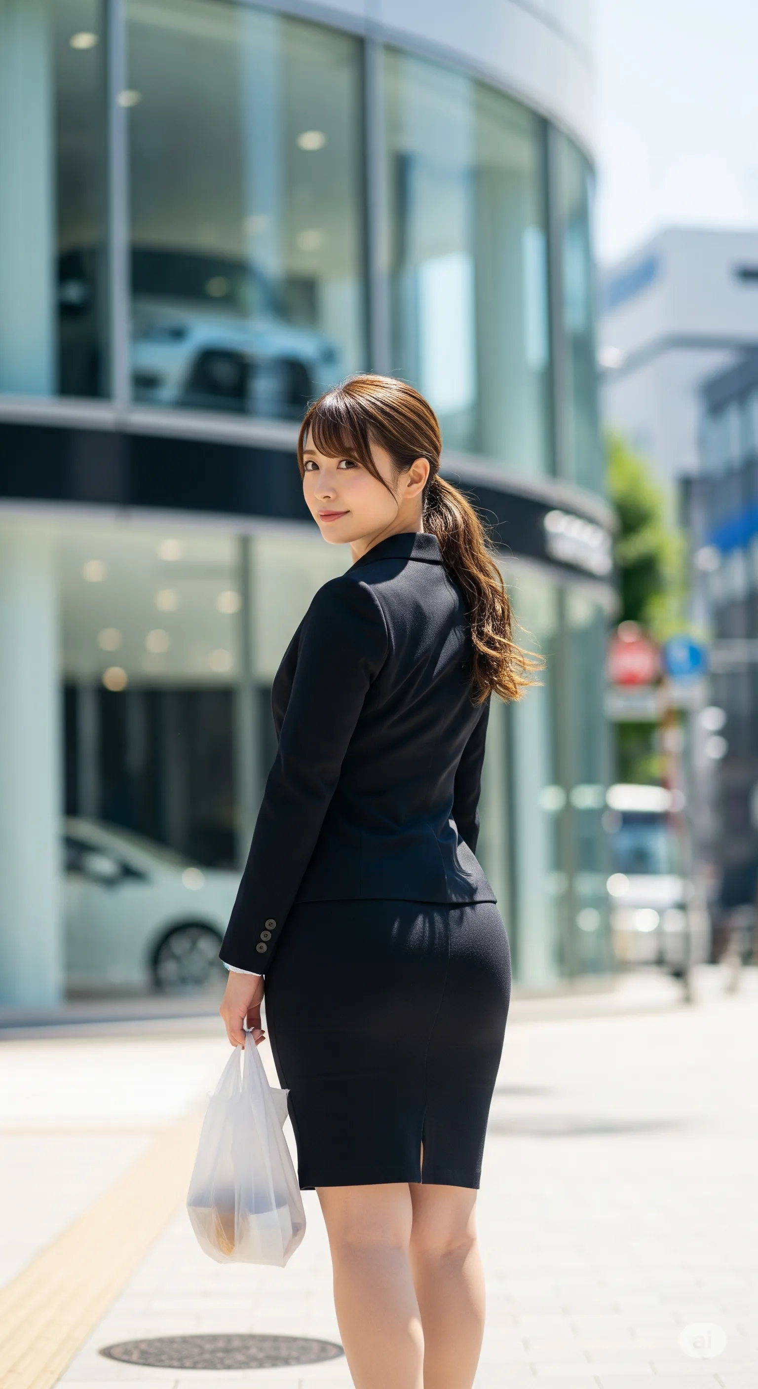 ショールームの光に照らされるタイトなヒップアップ