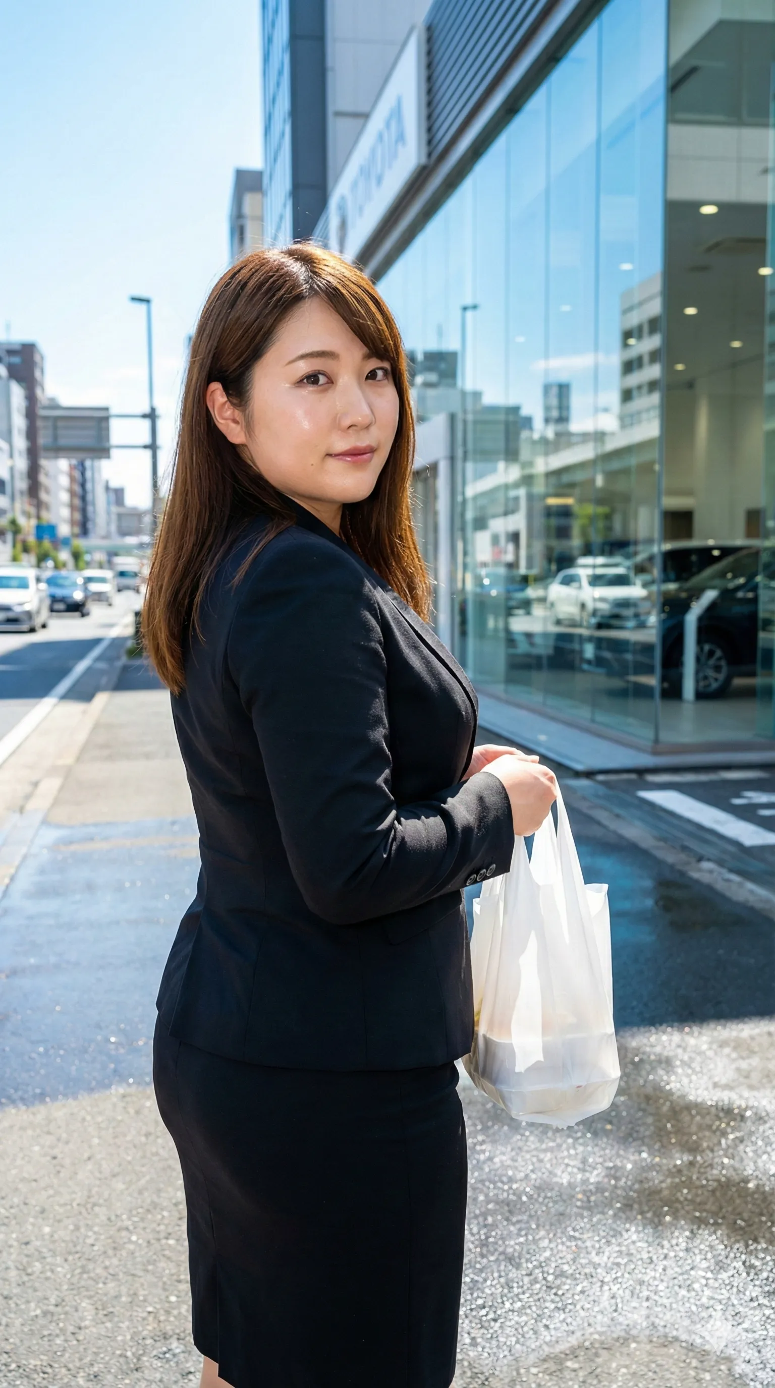 見下ろすアングルで強調されるスーツ姿のボリューム感