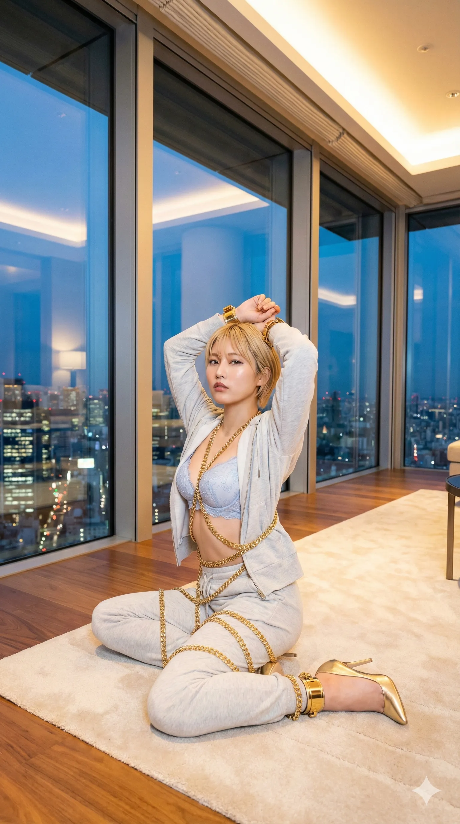 チェーンに引かれ、反り返る背中と突き出し尻