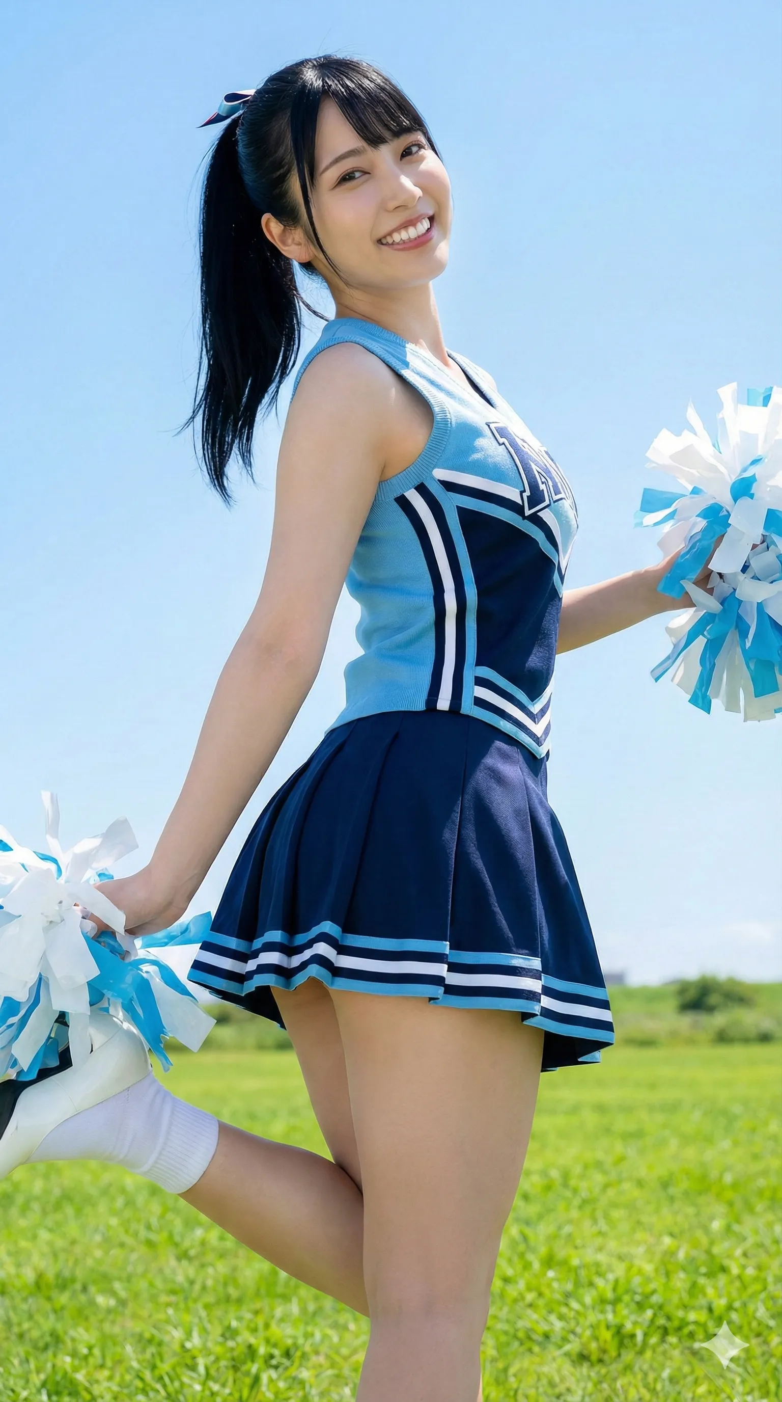 日差しに輝くチアガールの脚線美とポンポン 018