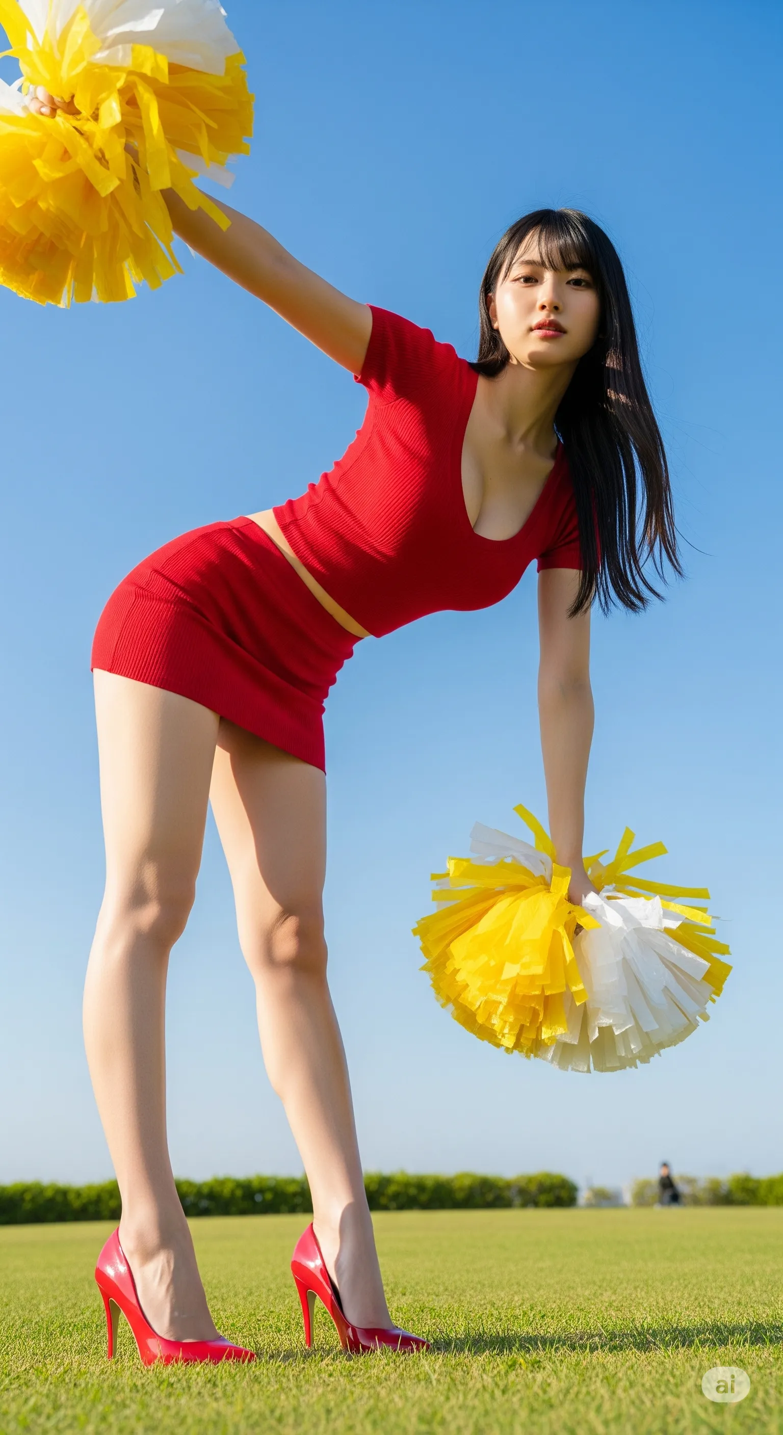 青空に映えるチアガールの脚線美ショット 021