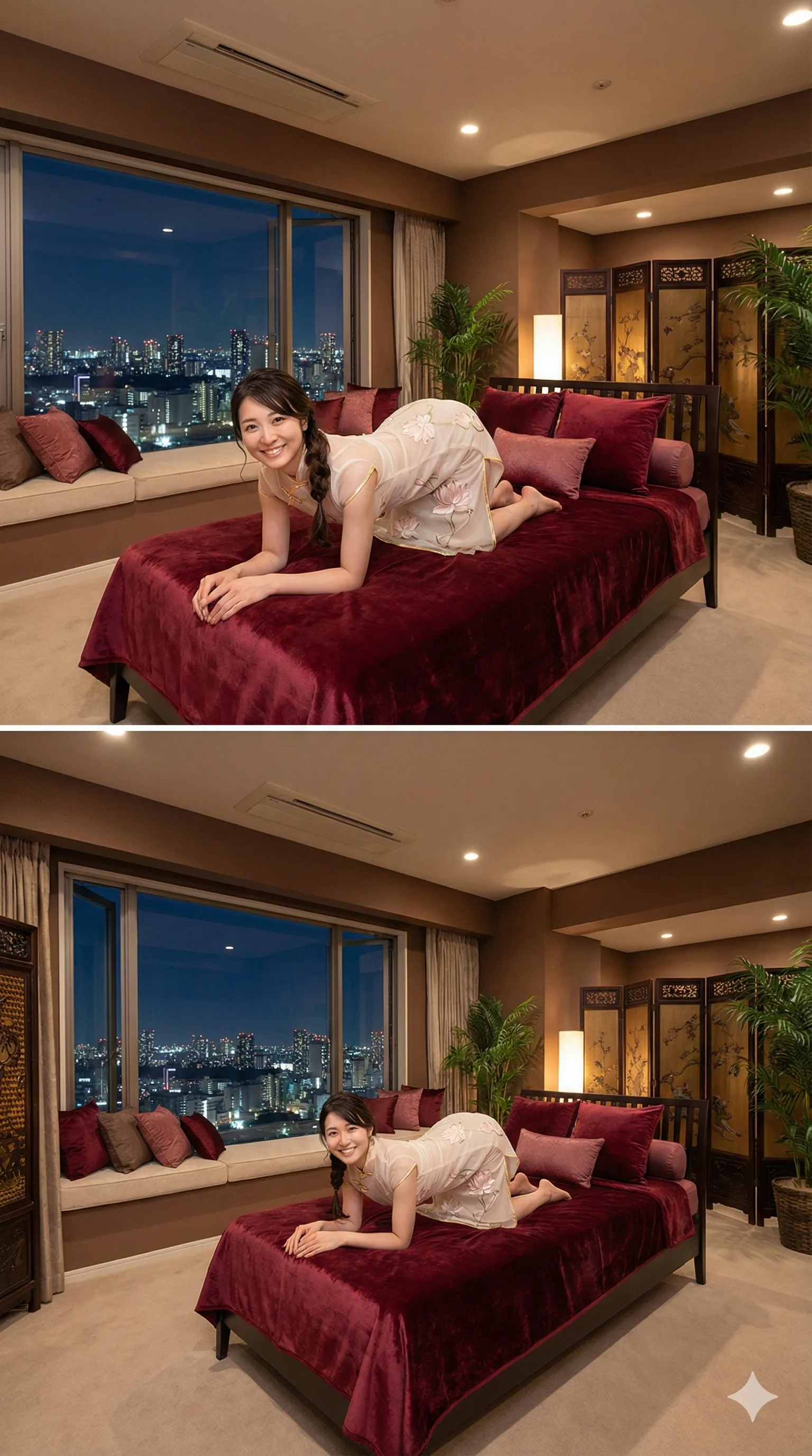 チャイナドレスの深いスリットから脚線美が映えるグラビア