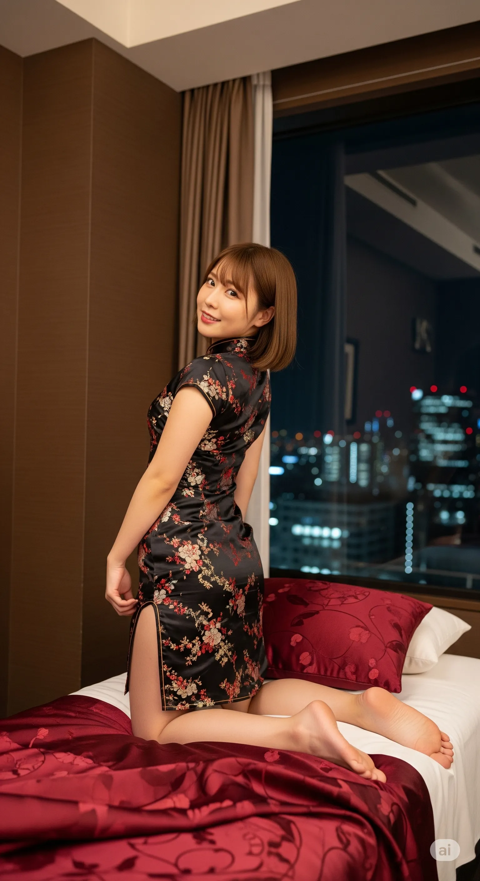 ホテルの窓辺で魅せる四つん這いポーズの美しいヒップライン