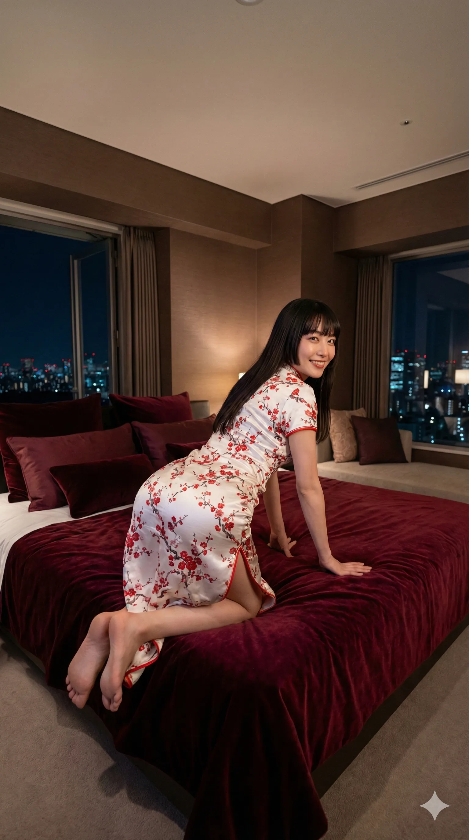 チャイナ衣装と夜景ライトが織りなすフェチショット