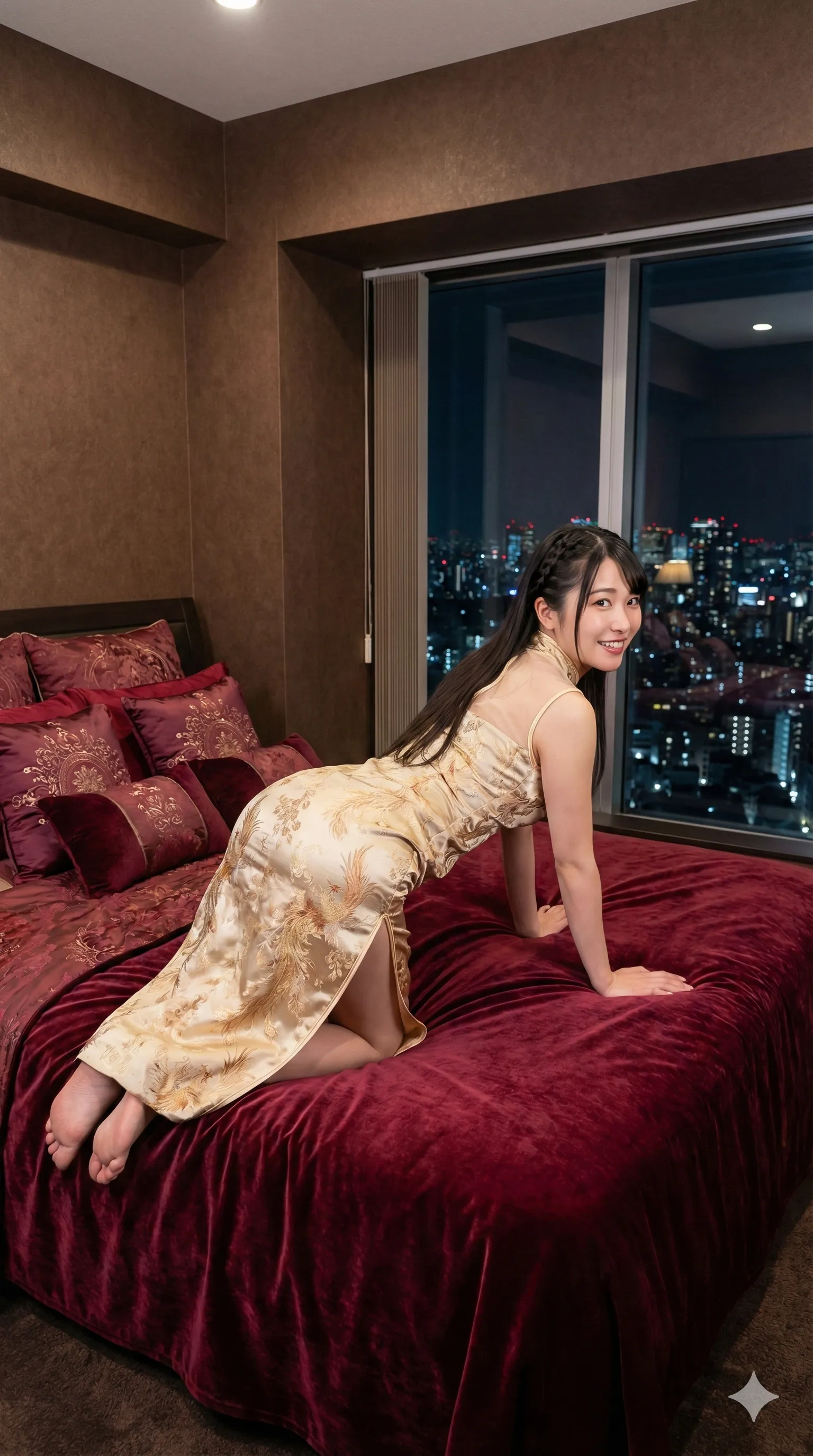 光沢チャイナ生地が強調する腰回りの曲線フェチ画像