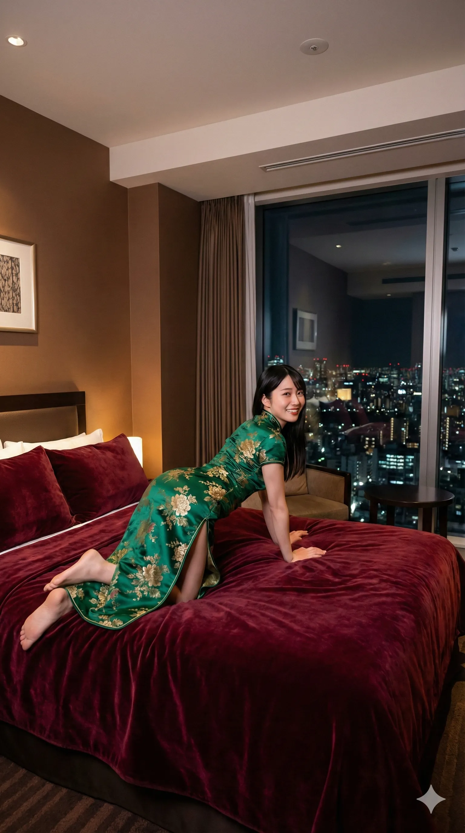 窓辺で艶めくチャイナ姿の四つん這いフェチショット