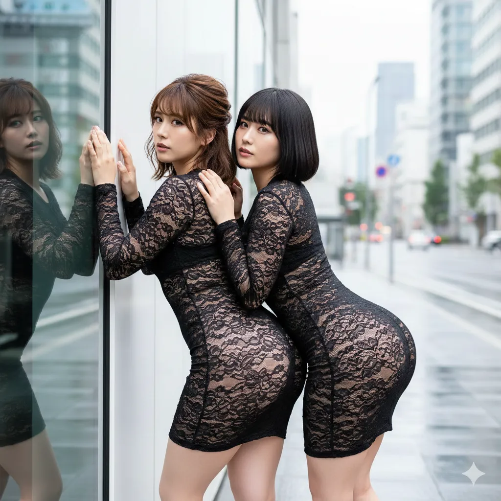 街中でお尻を突き出し、挑発的な視線を送るデカ尻美女スナップ エロ画像