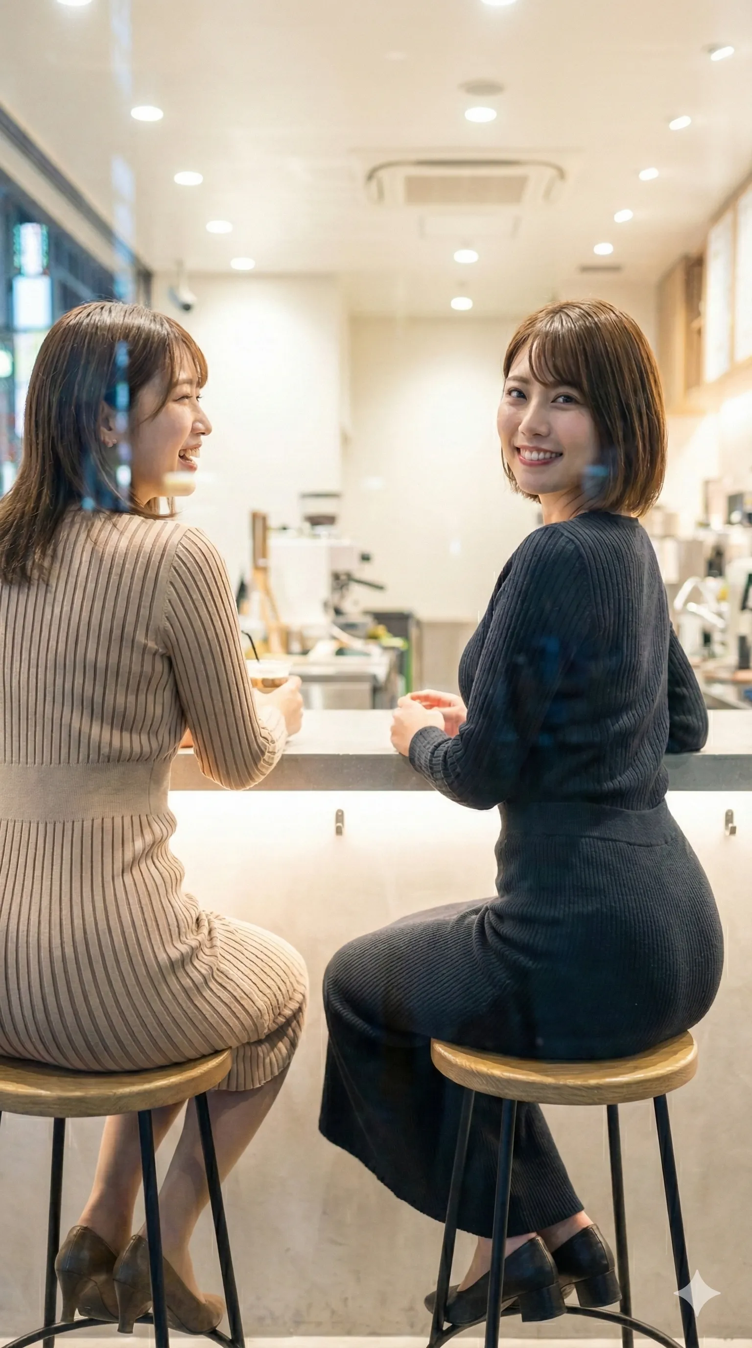 店外からガラス越しに覗く二人の美尻シルエット