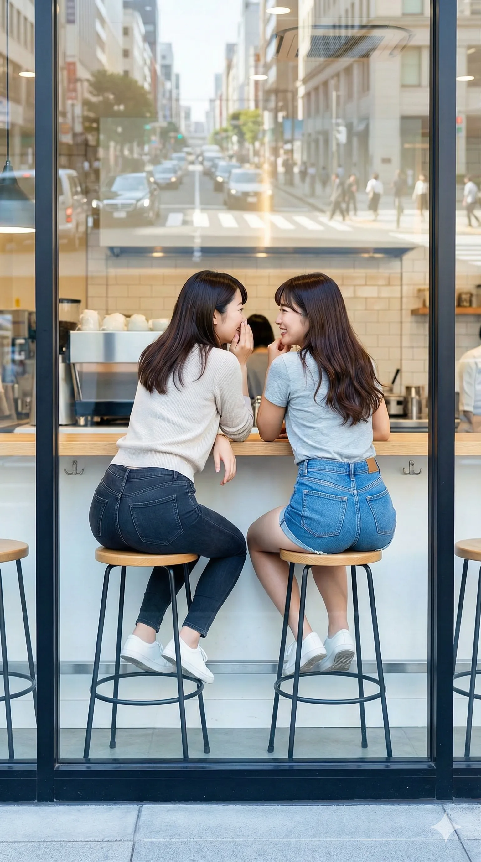 陳列棚の前で屈む瞬間の肉感的な尻ライン