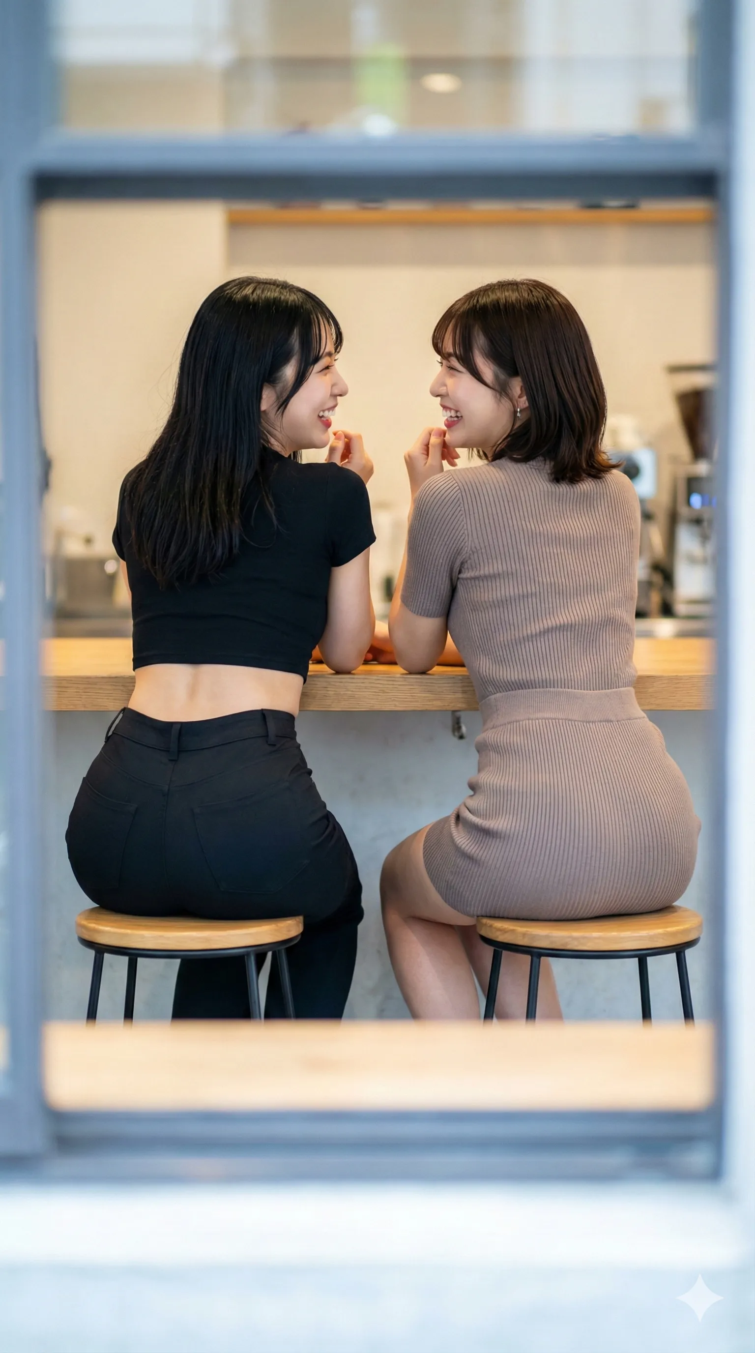 隠し撮り風アングルで際立つ二人の腰回り