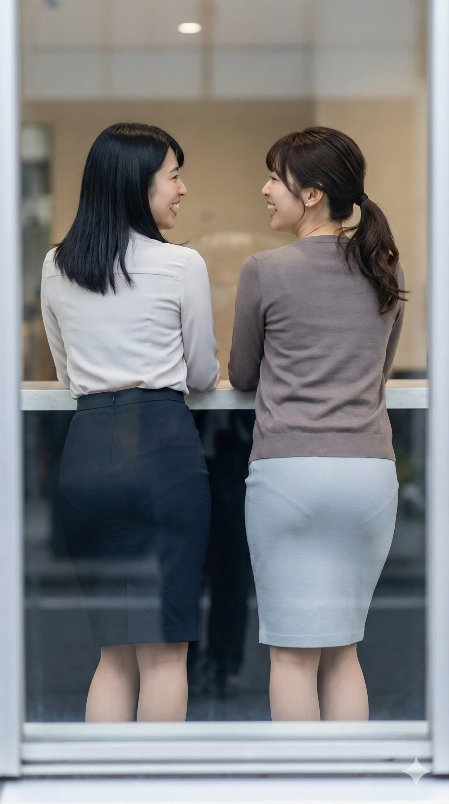 寄り添って歩く二人組の密着した尻ライン