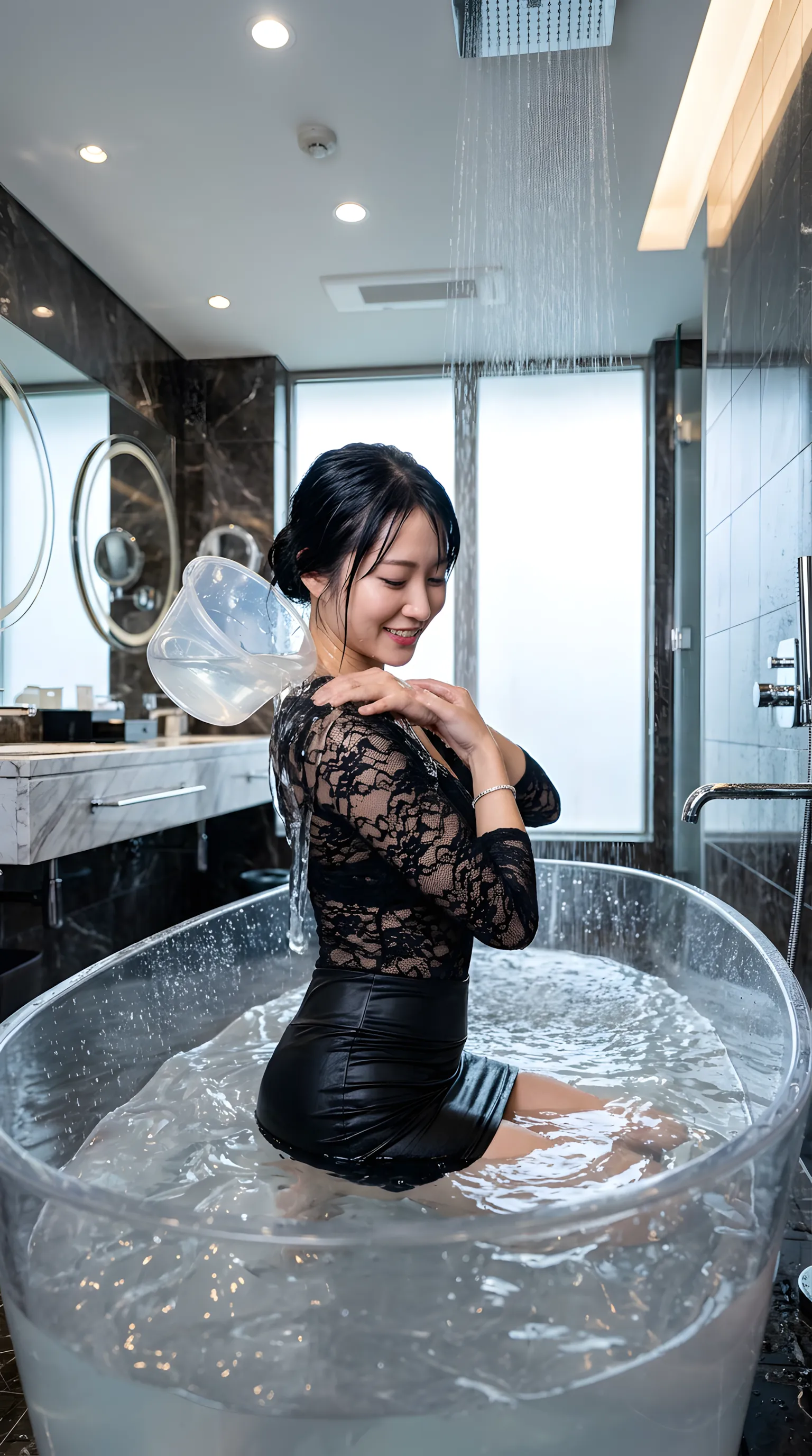 着衣お風呂 黒髪美女 001