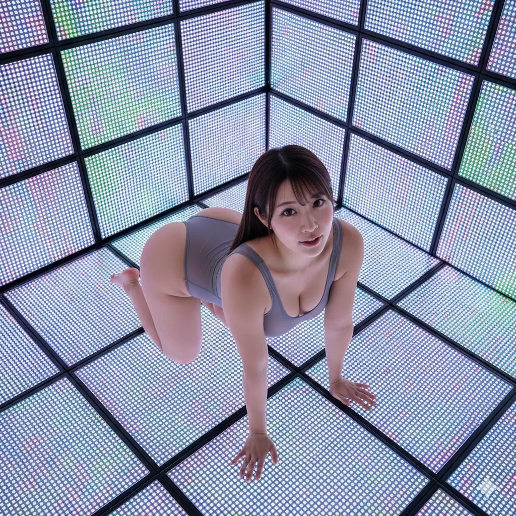 水着姿で膝をつく、官能的な四つん這いシルエット