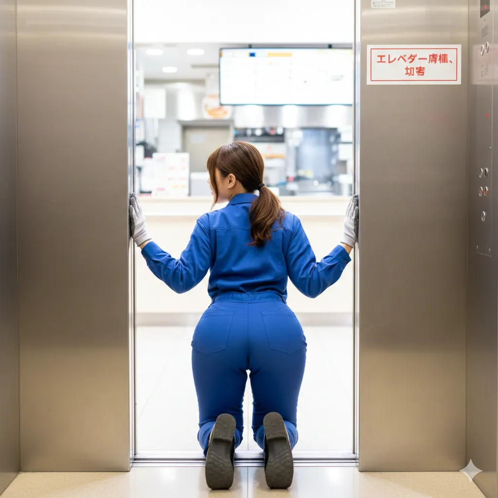 工具ベルトが食い込む腰回りと肉感的なバックショット