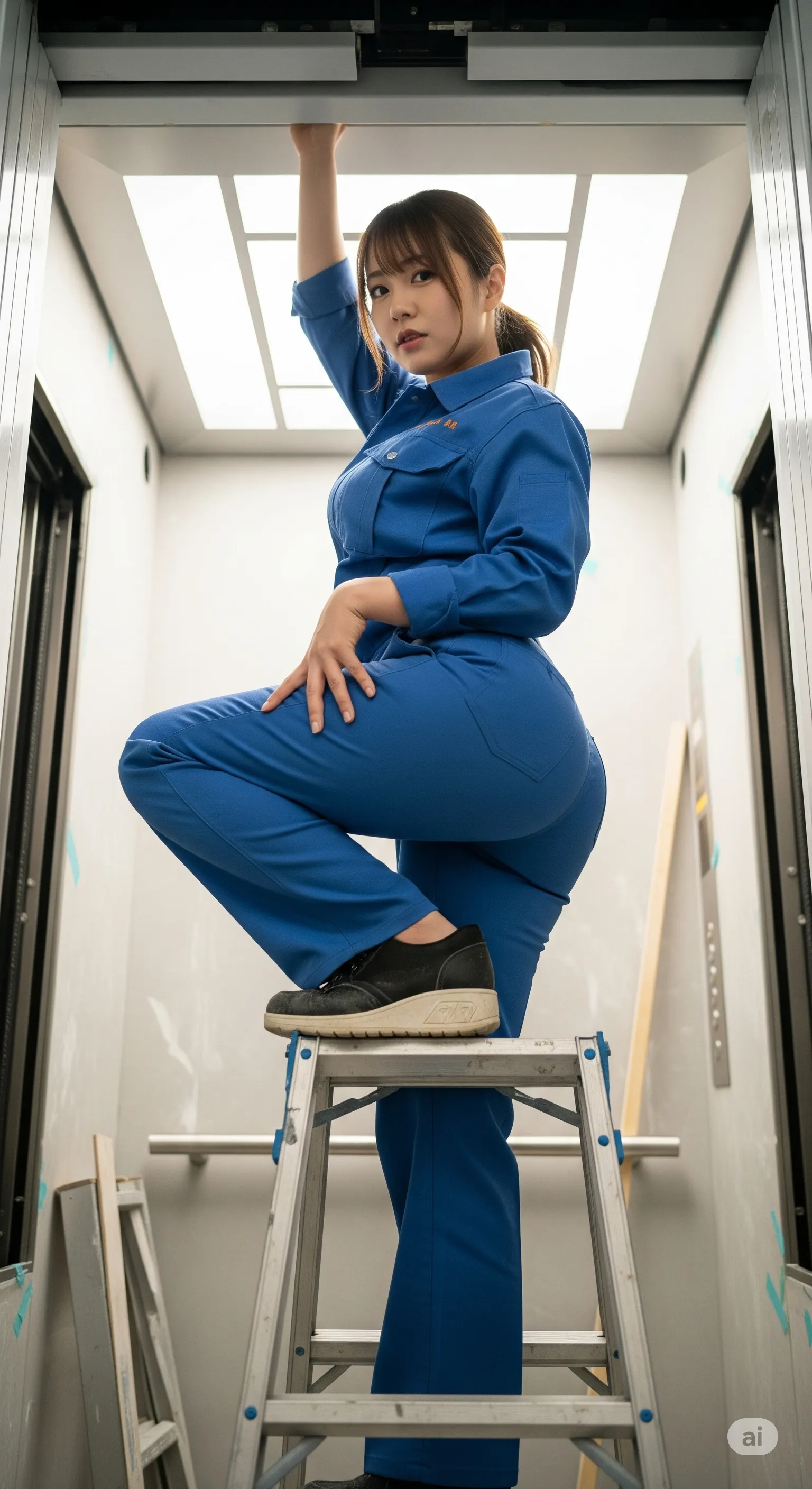 脚立を上る際に際立つ、太ももと尻の境界線