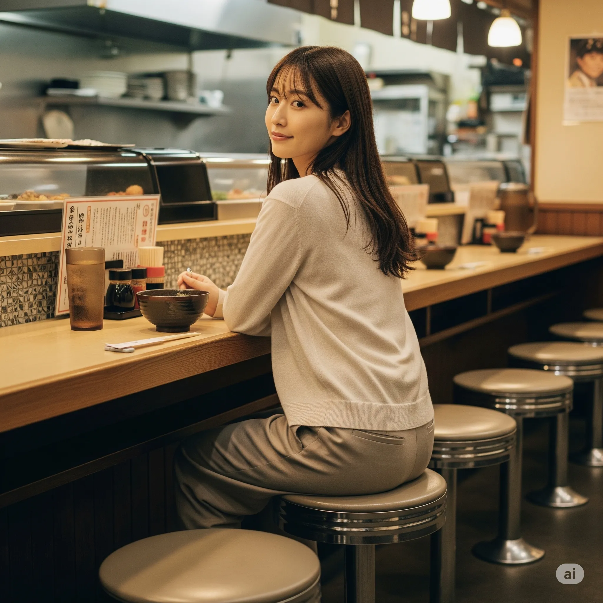 ラーメン屋カウンターで振り返る女子の丸尻 002