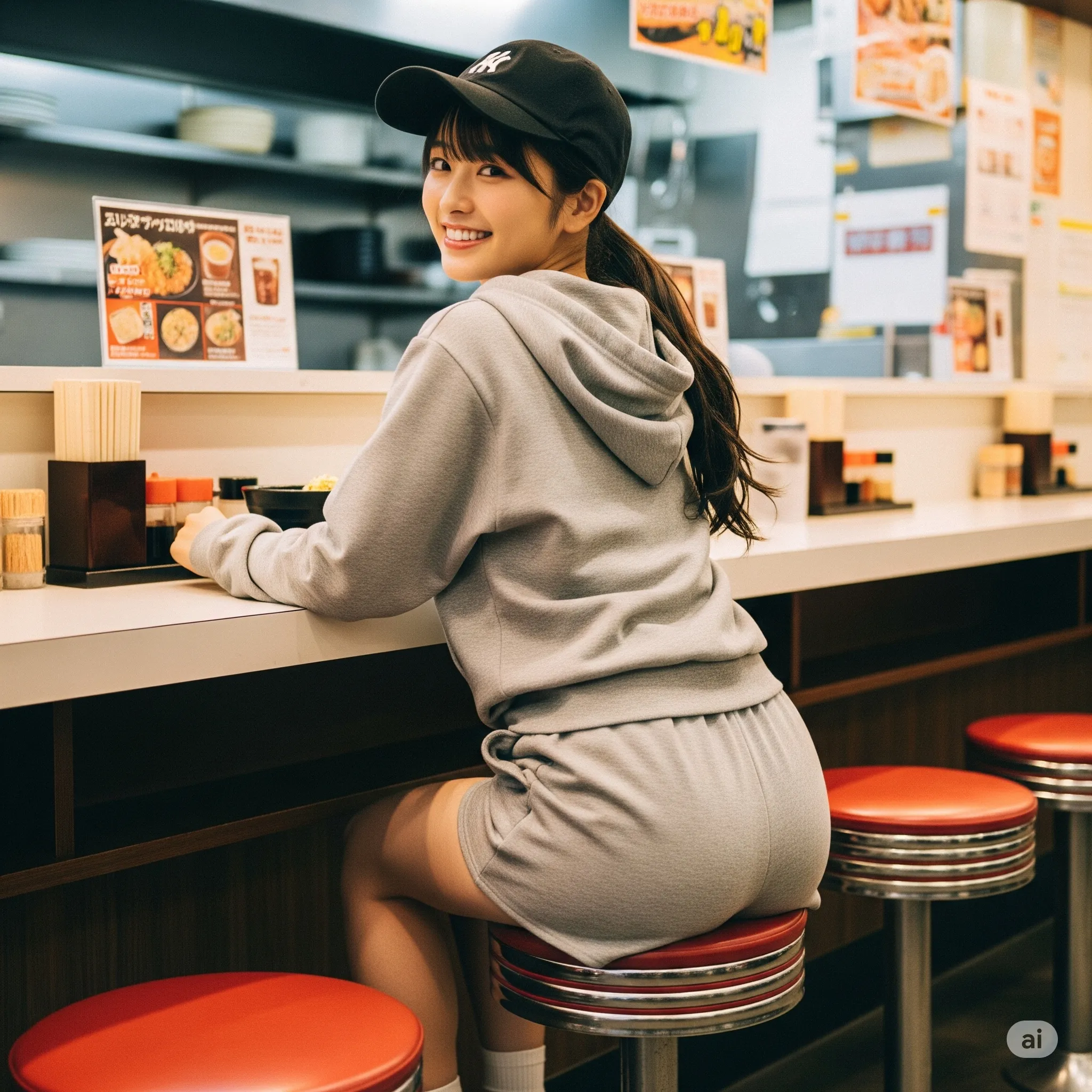 見返り笑顔とヒップライン カウンター席グラビア 004