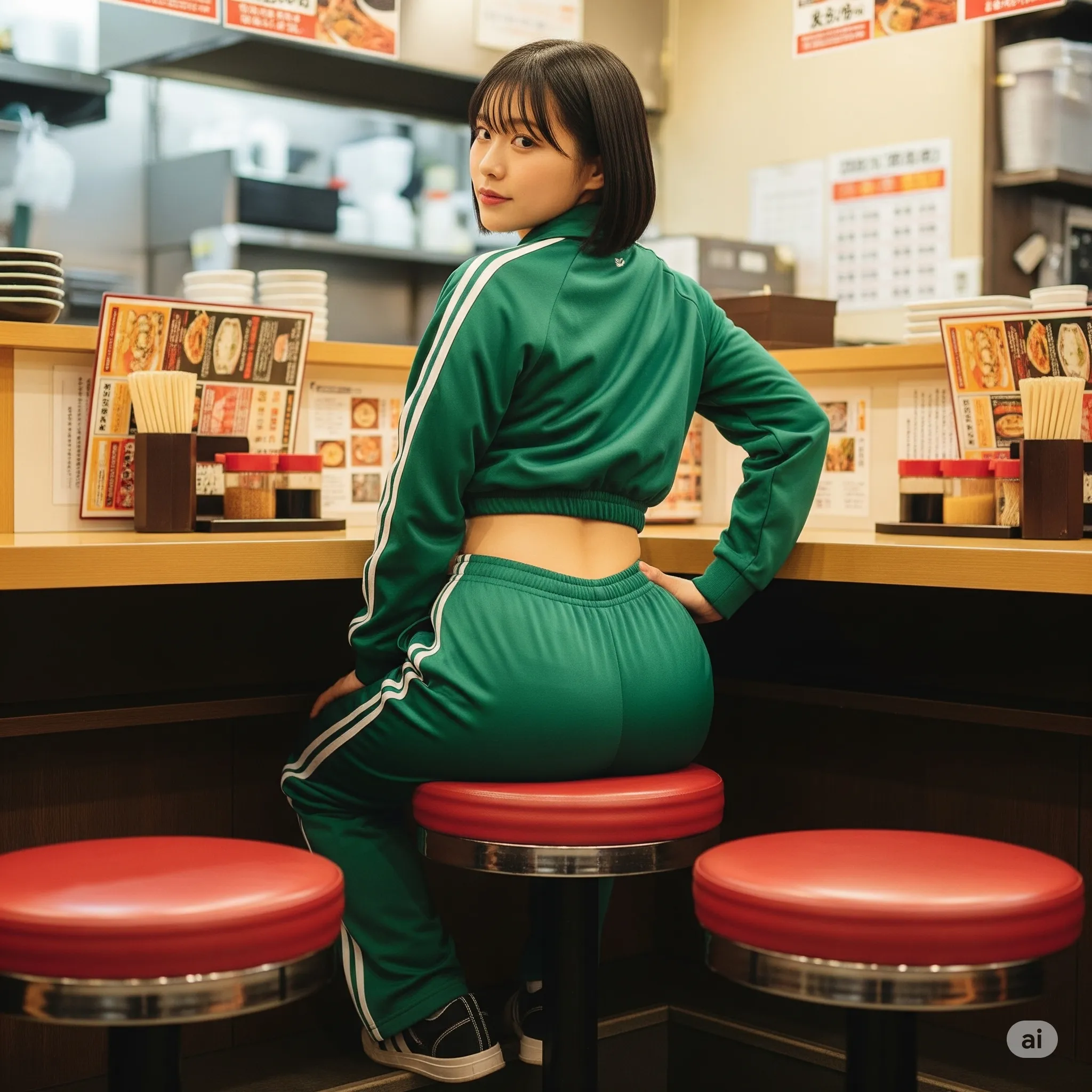 カウンター席で微笑む女子と丸み尻ライン 007