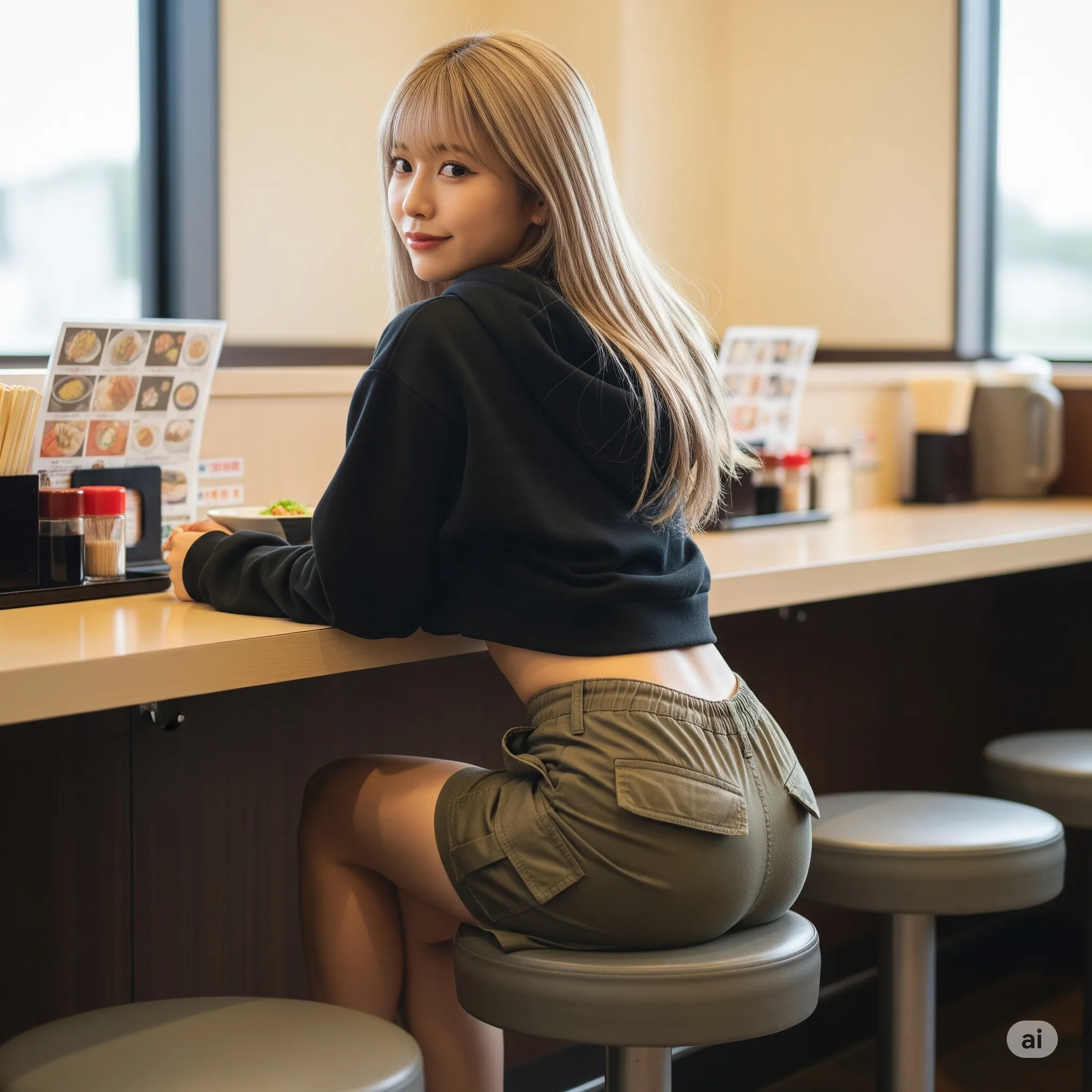 カジュアルウェア女子のカウンター尻アップ 010