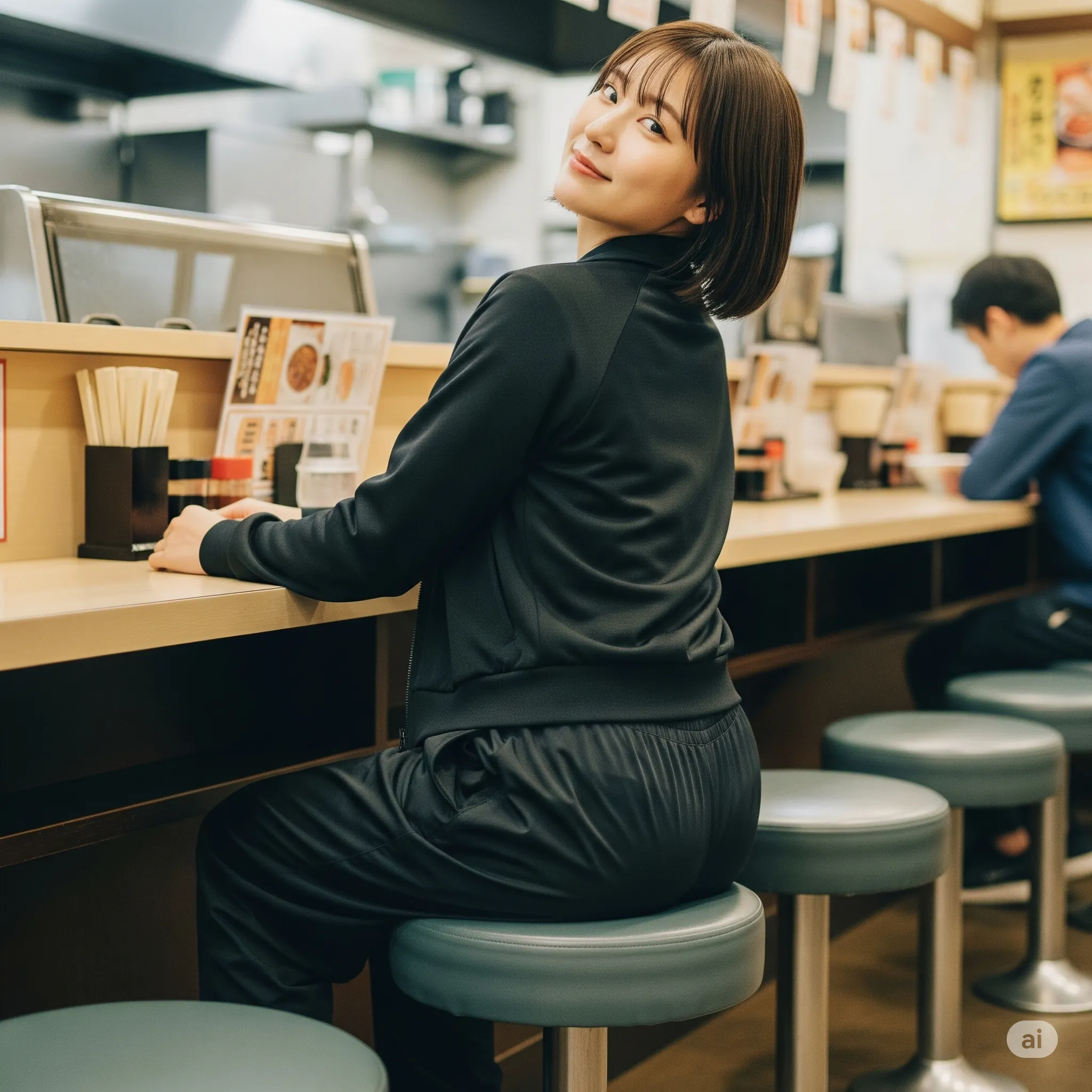 自然体で振り返る女子のテーブル席尻ショット 011