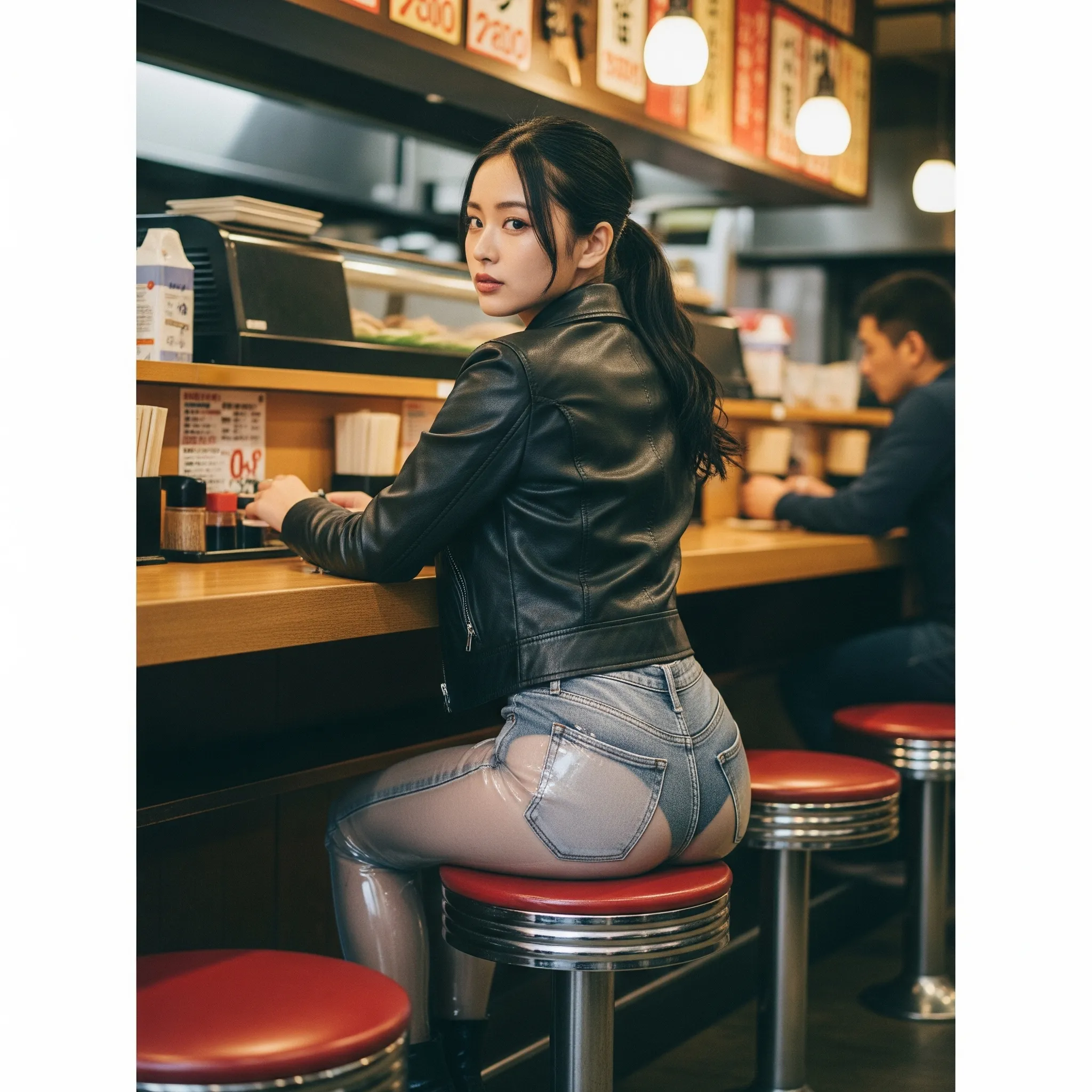 店内カウンターでのニット女子ヒップライン 014