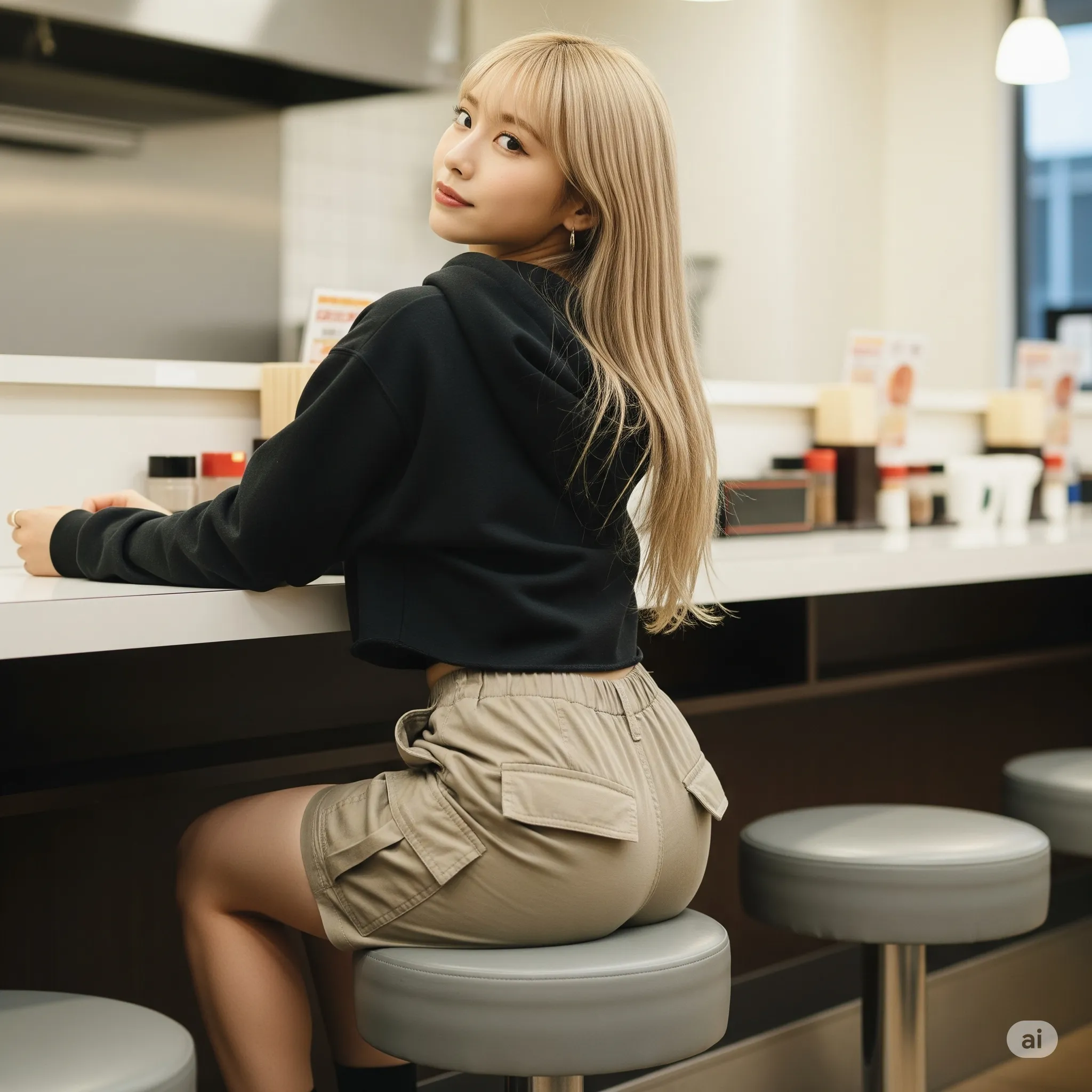 振り返るラフ女子の自然な尻曲線 018