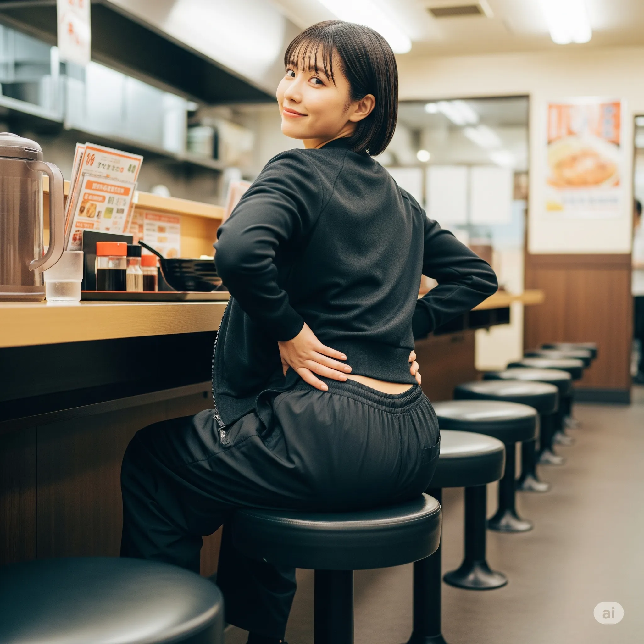 カフェ席での優しい見返り尻シルエット 020