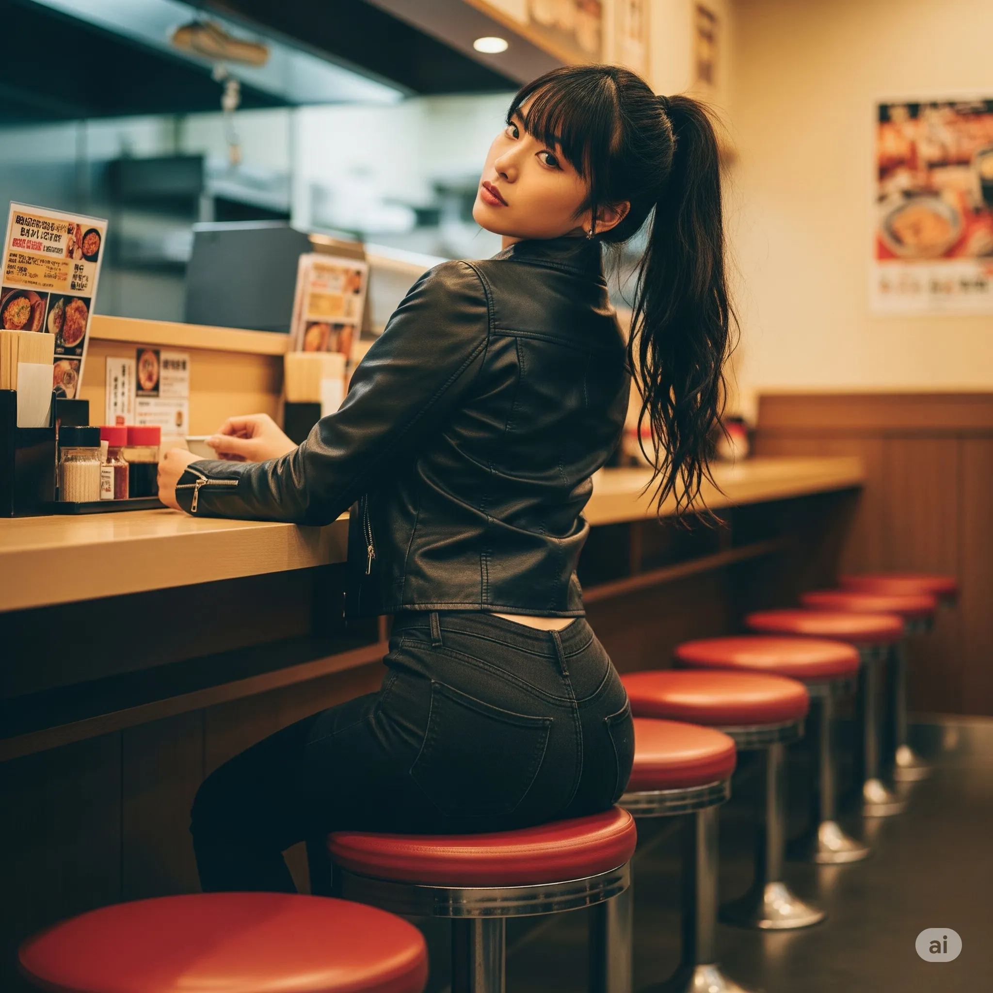 飲食店カウンターで見返るニット女子の尻 024