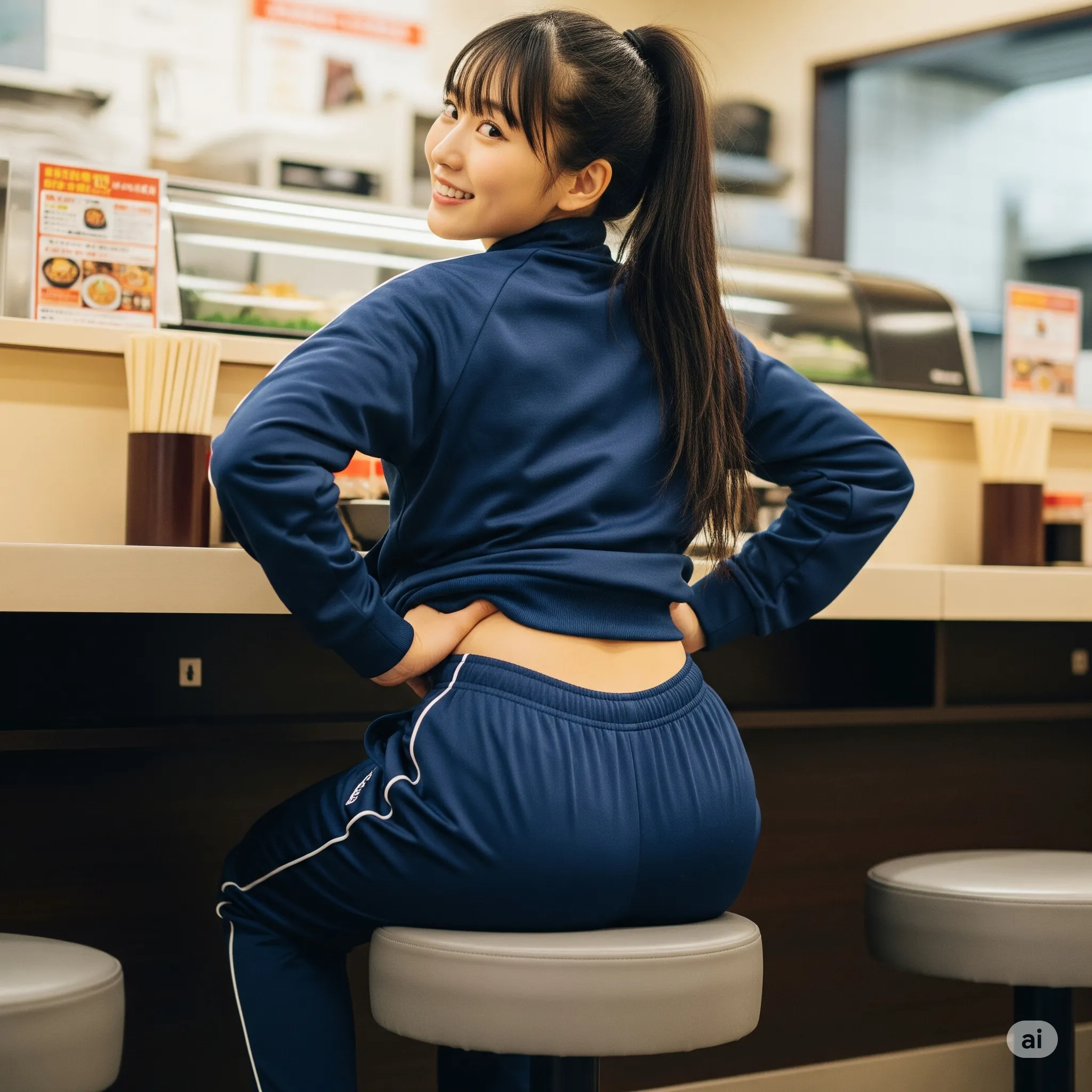 店内カウンターで座る女子の自然な丸尻 027