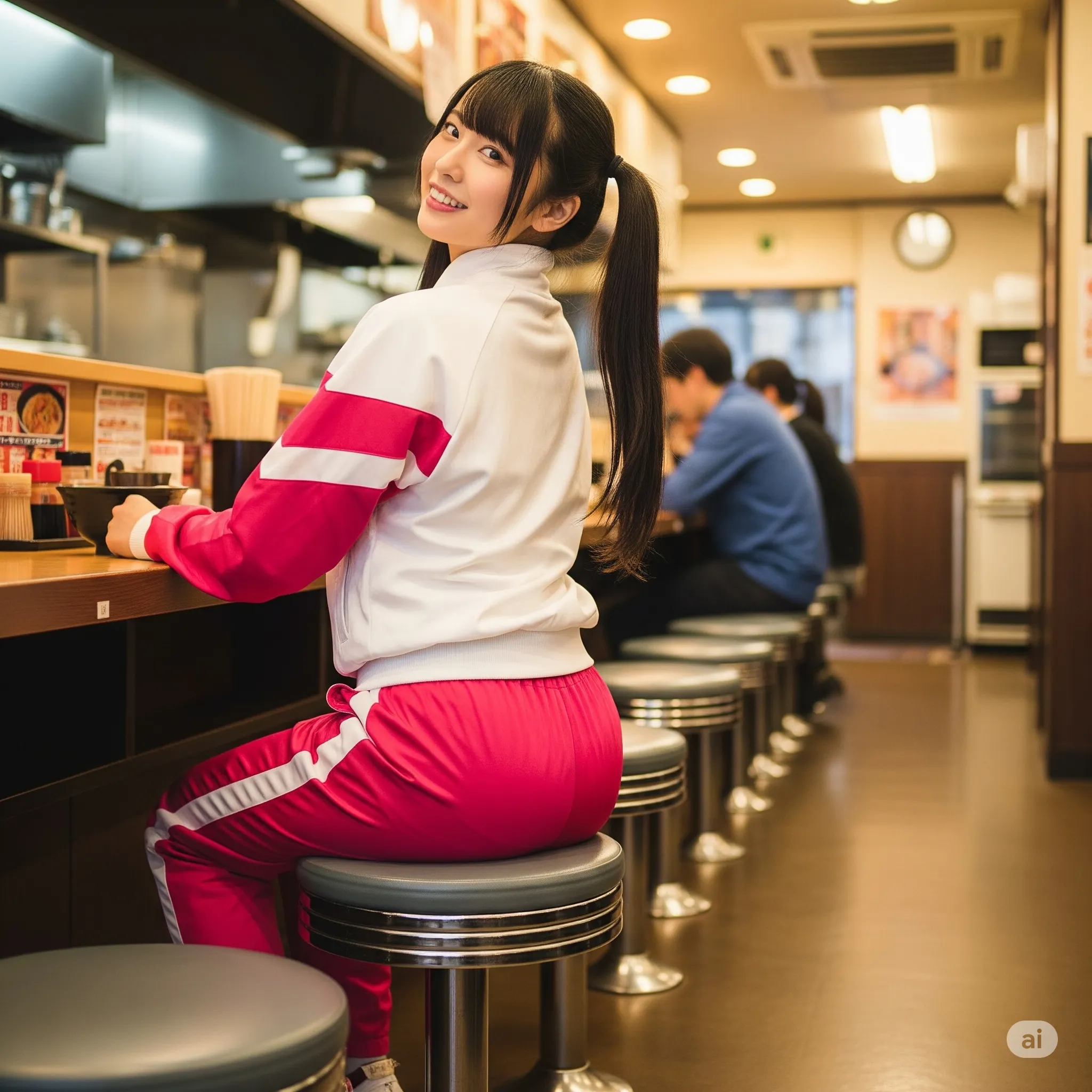 食堂での見返りスマイルと尻ライン 029