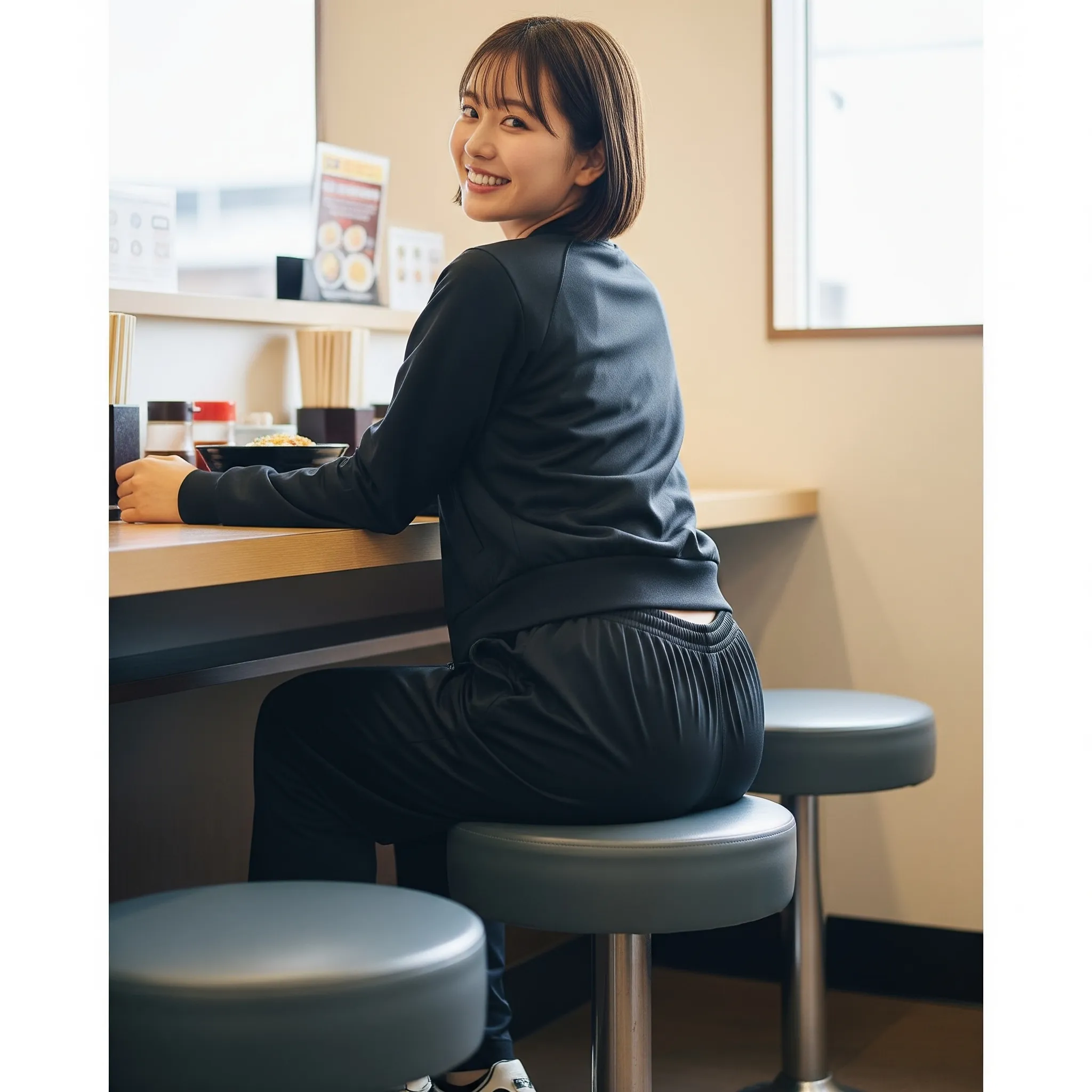 丸椅子に座る女子のヒップライン強調 030