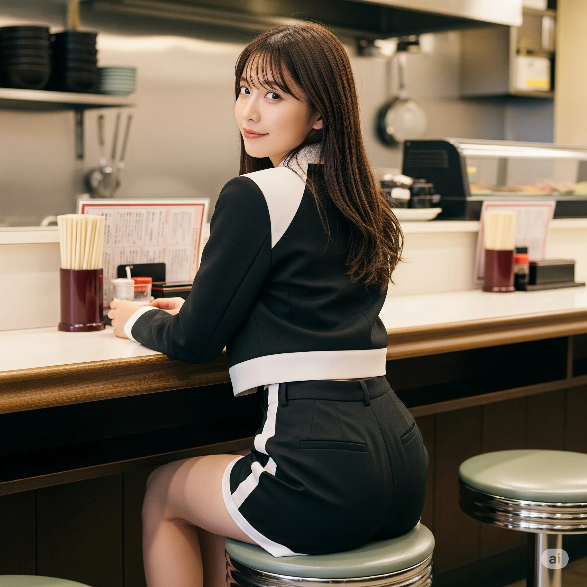 振り返り笑顔と椅子座りヒップライン 033