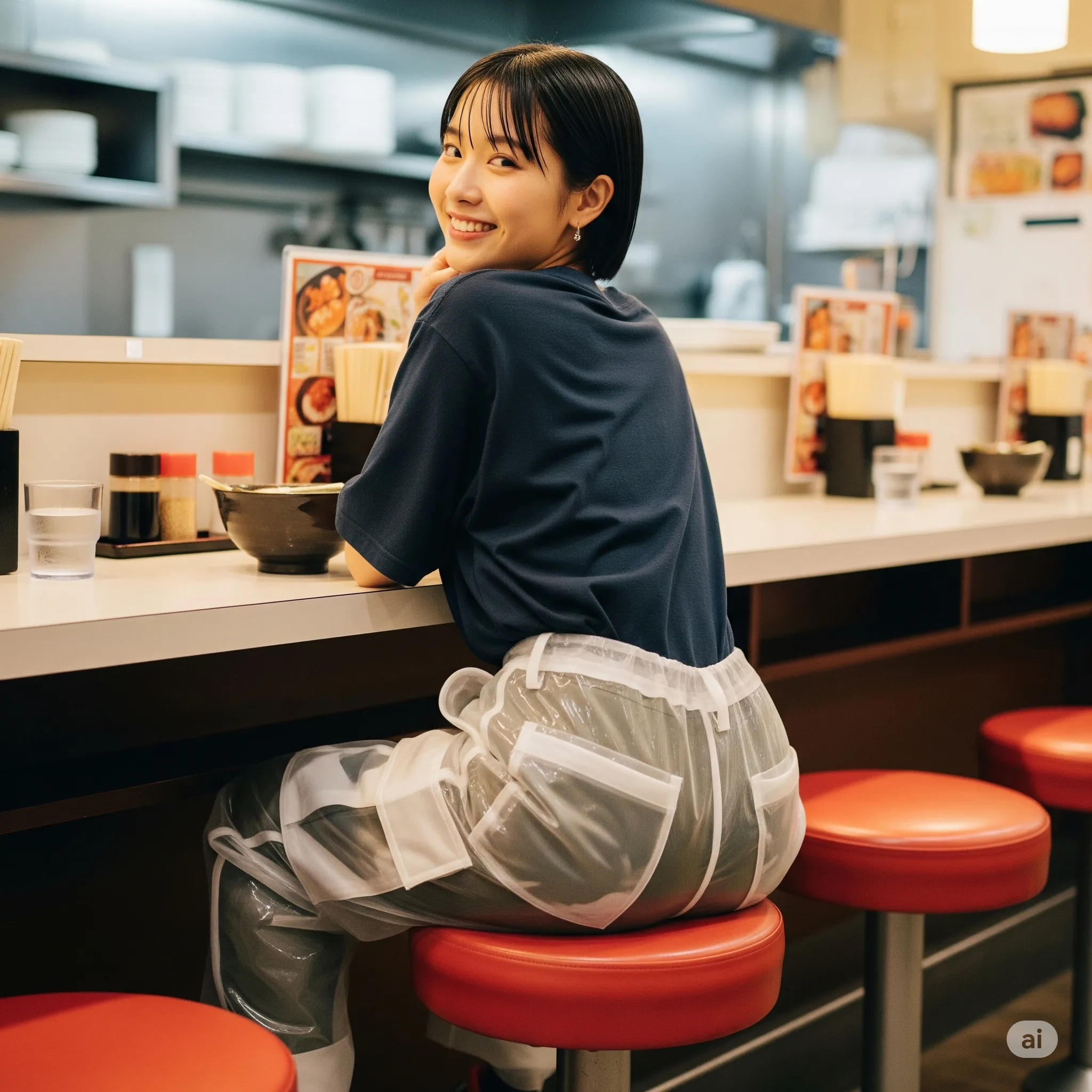 食堂で座る女子の自然体ヒップライン 036