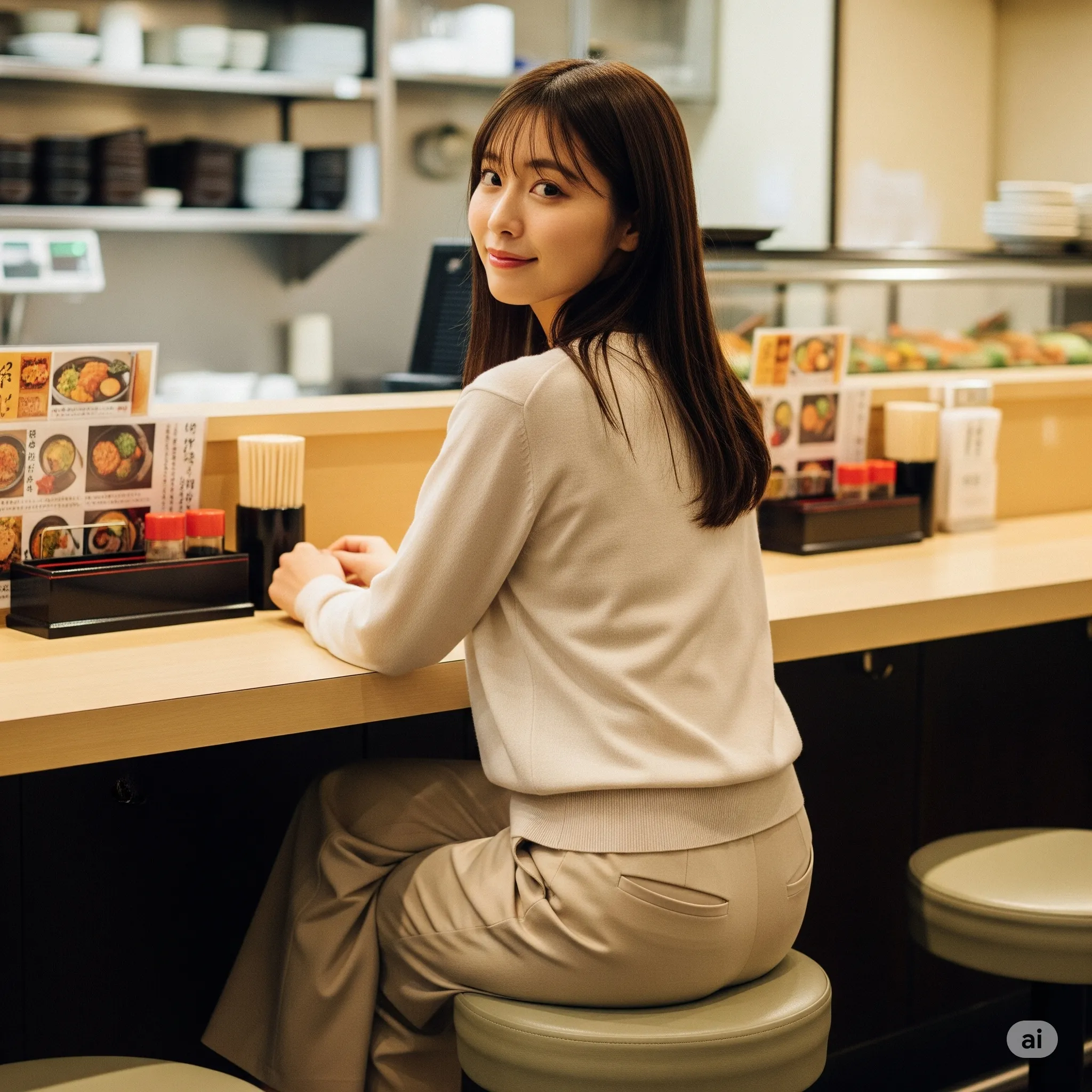 食堂カウンターでの自然な丸尻ショット 049