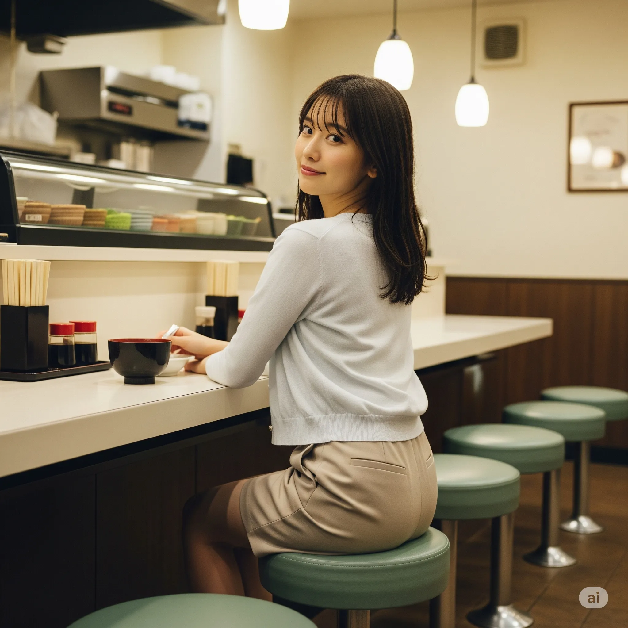 カウンターで座る女子の丸尻フォーカス 092