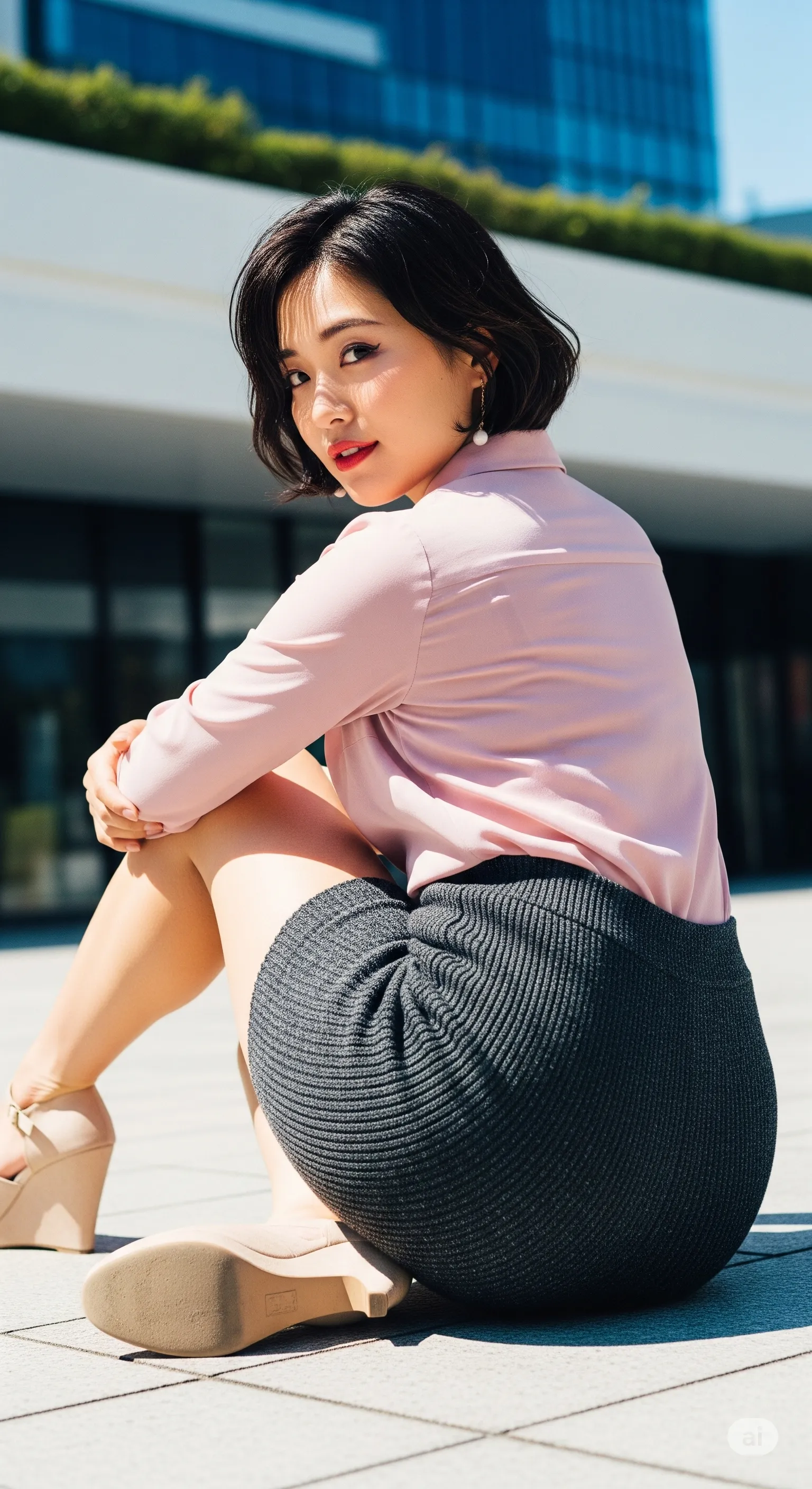 タイトスカートの裾から伸びる、ストッキングの艶脚