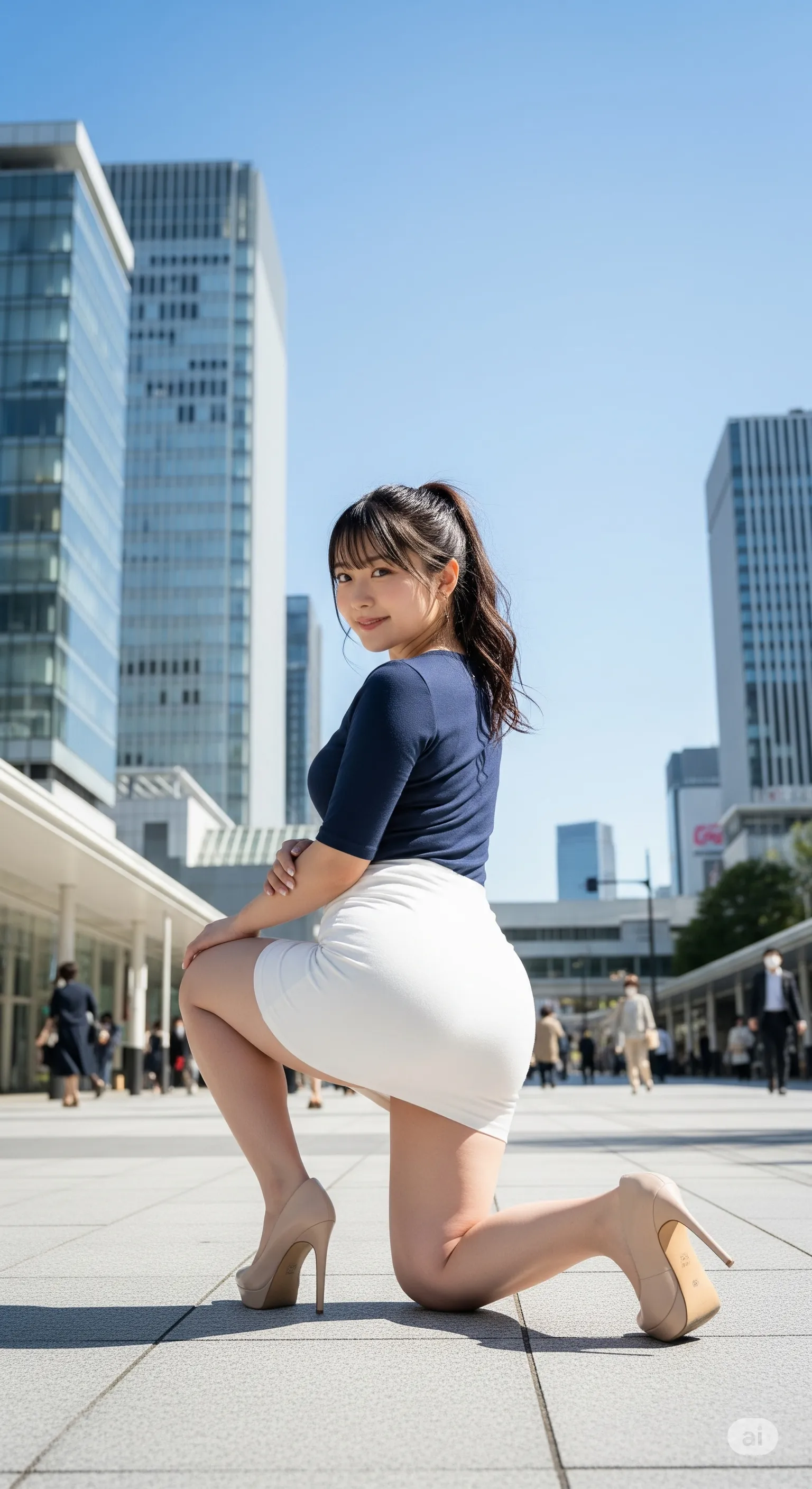 ビジネス街の無機質な背景と、柔らかな肉体のコントラスト