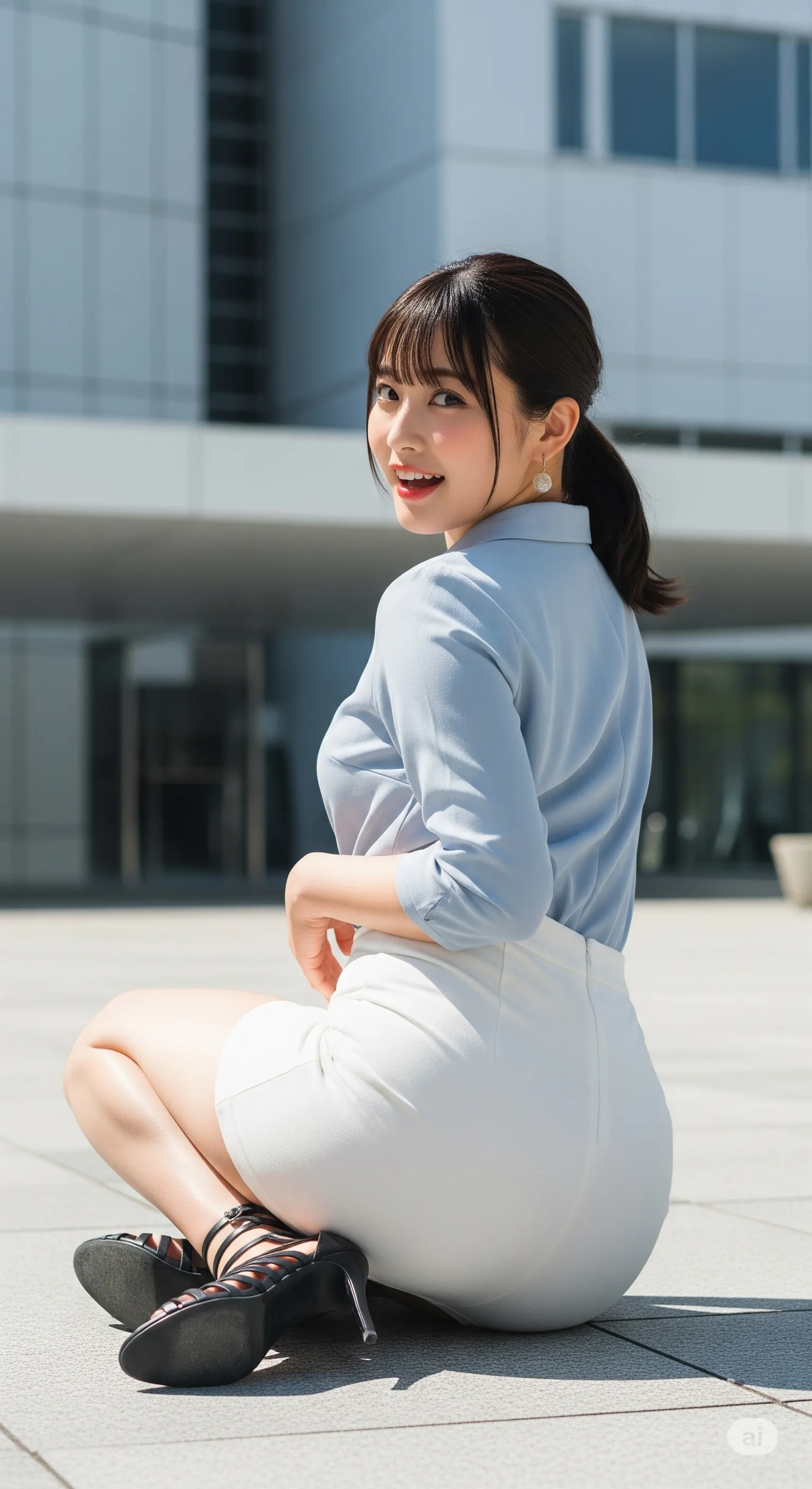 後ろから見守りたくなるような、OL美女の背中