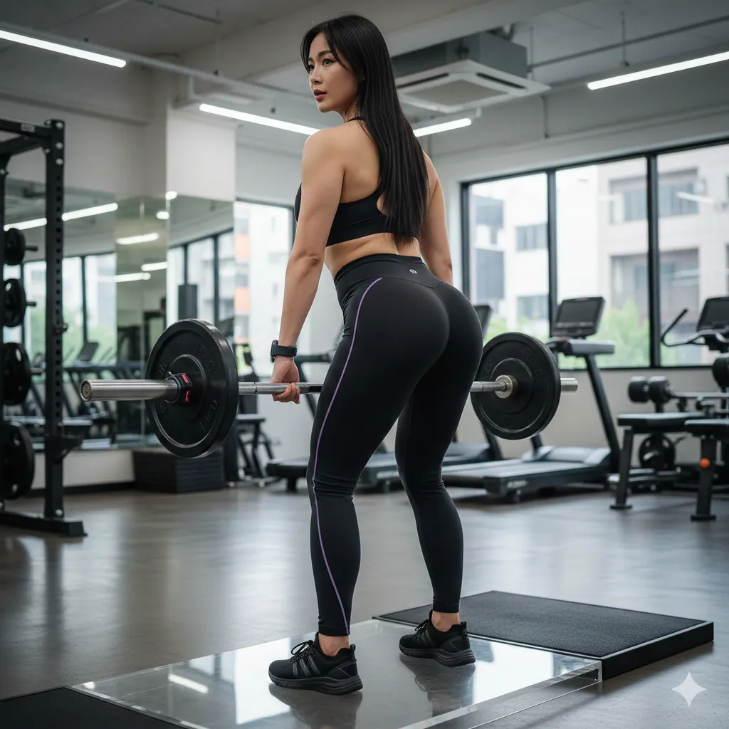 ジムのライティングに照らされた、艶やかなトレーニングウェアの光沢