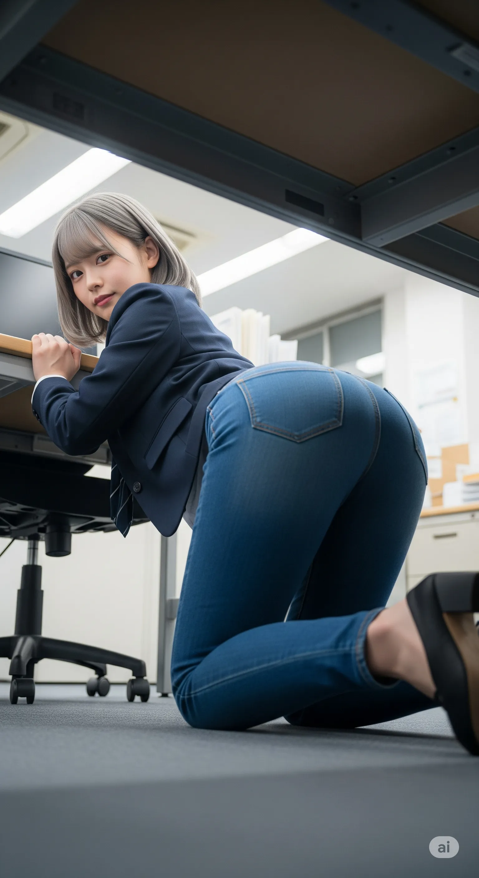 社内恋愛を連想させるような視線で振り返るデニム女子の美尻ショット