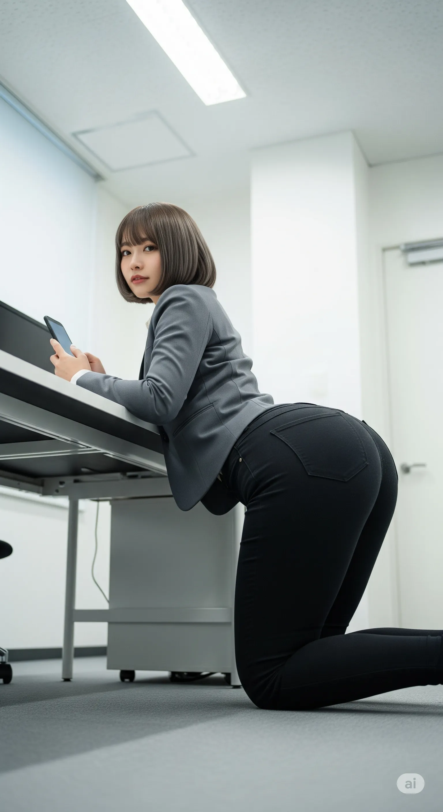 机に寄りかかったデニムOLの誘惑的なヒップカーブ 仕事姿でも隠しきれないエロさ