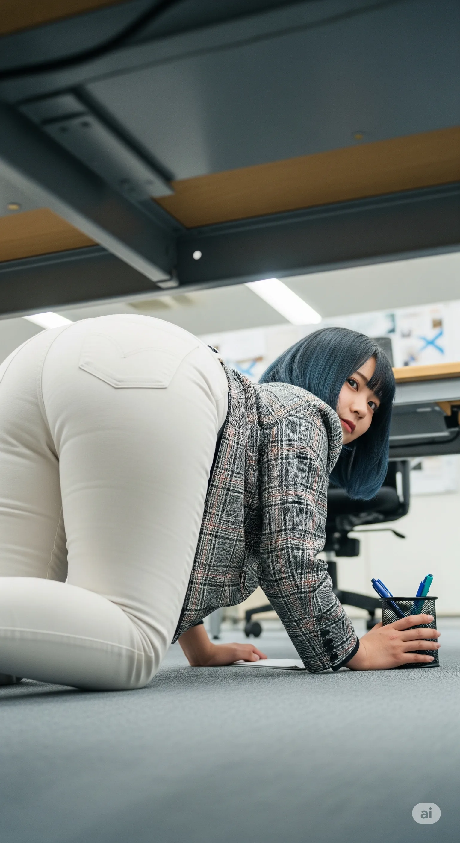 デスクに身を預けるデニムOLのヒップアピール 巨尻気味の迫力あるラインが魅力的