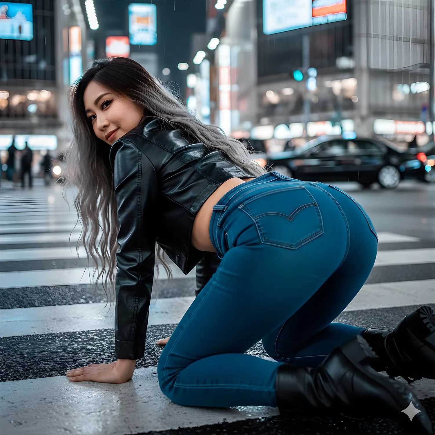 都会デニム ギャル 四つん這い 黒トップス×ヒップ 025