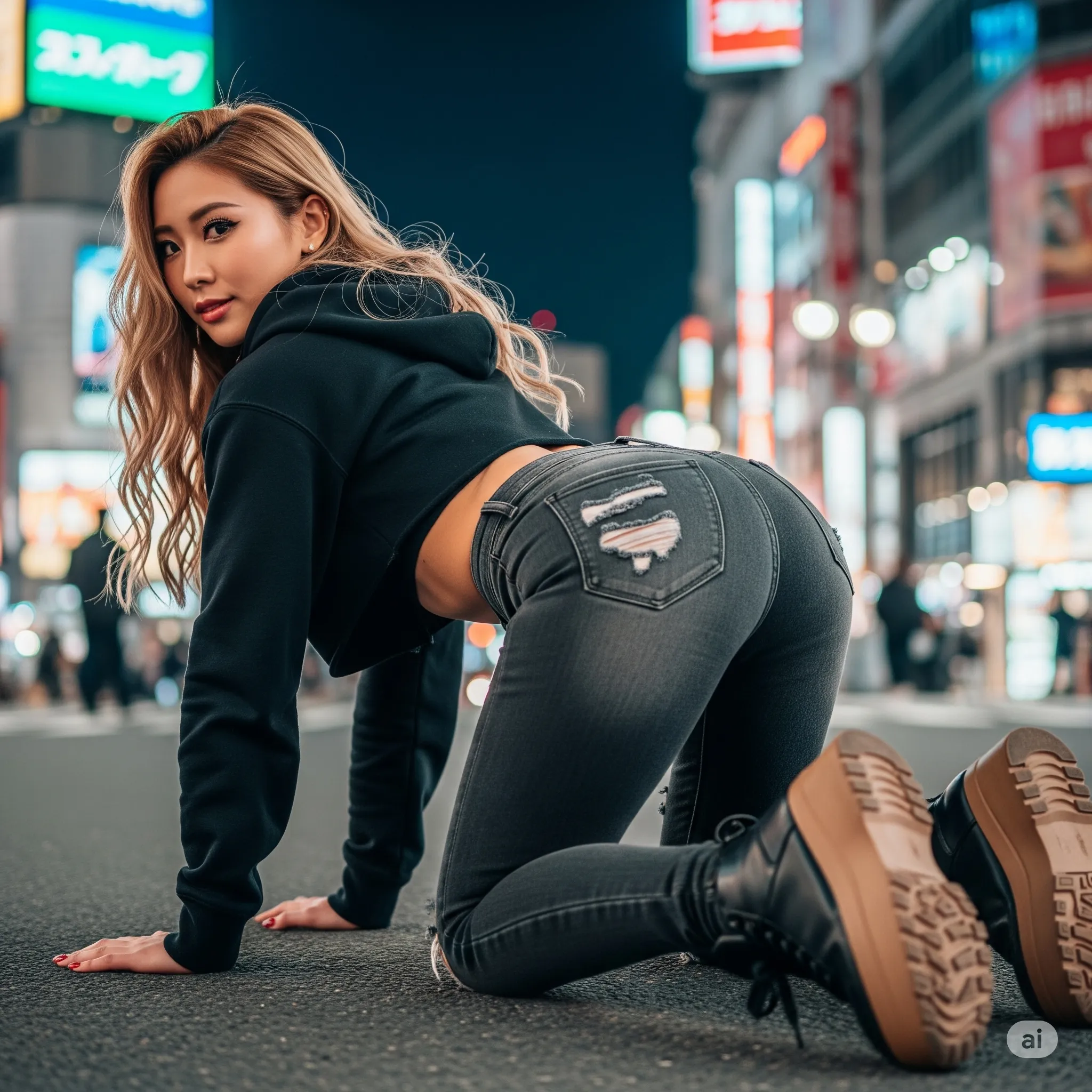 都会ギャル デニム 四つん這い ストリート尻ショット 031