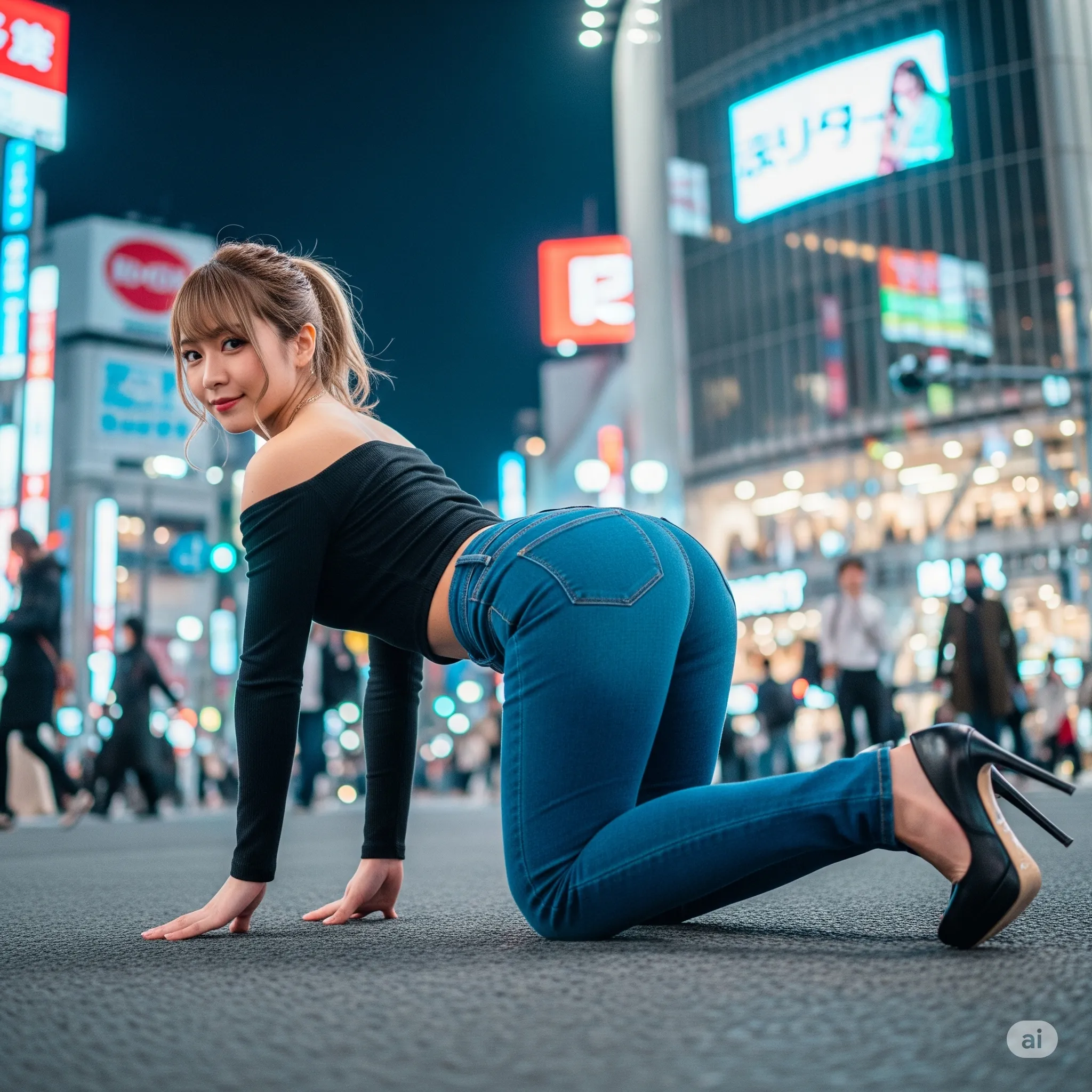 オフショル×デニム ギャル 四つん這い 美尻ライン 037