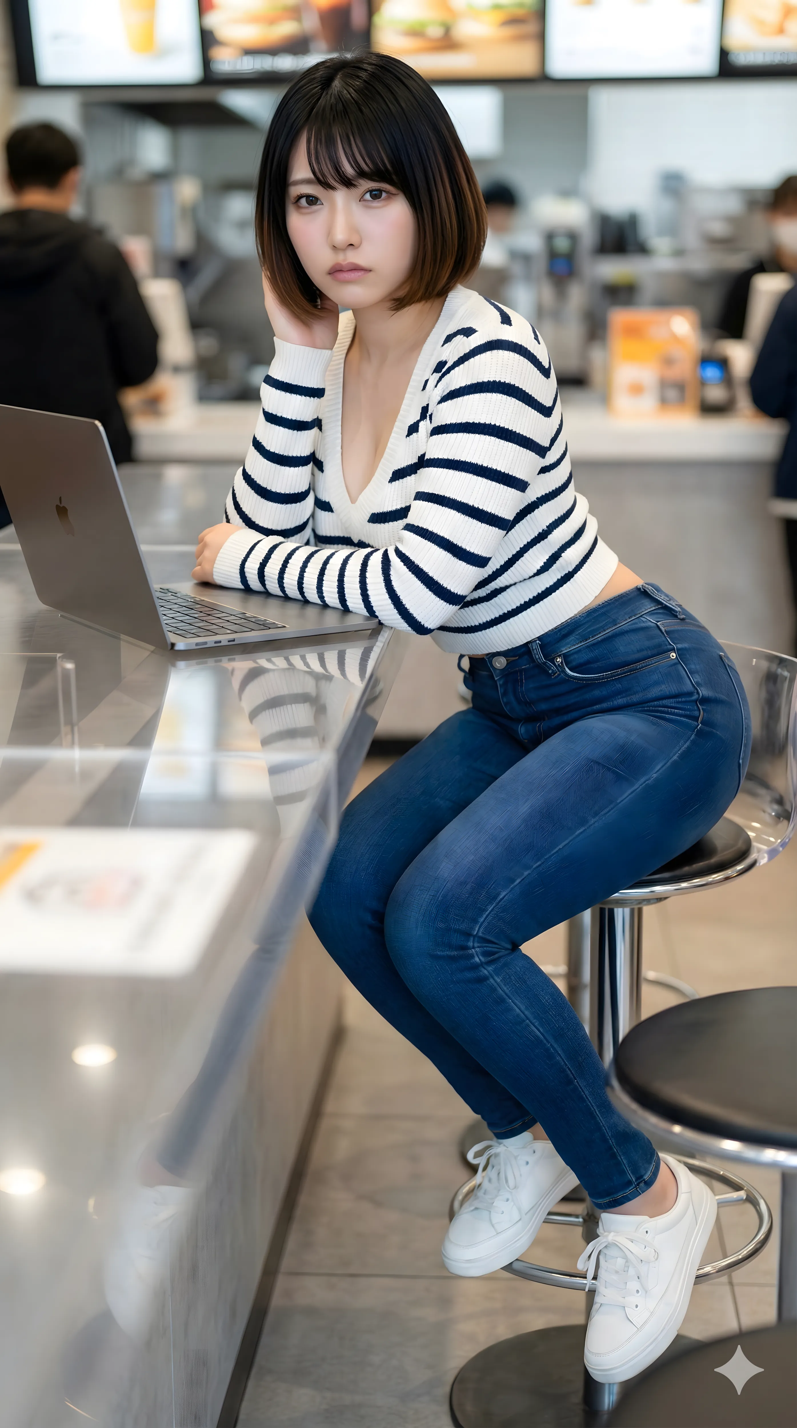 窓際カウンターで腰掛けるデニム美尻 自然体ショット