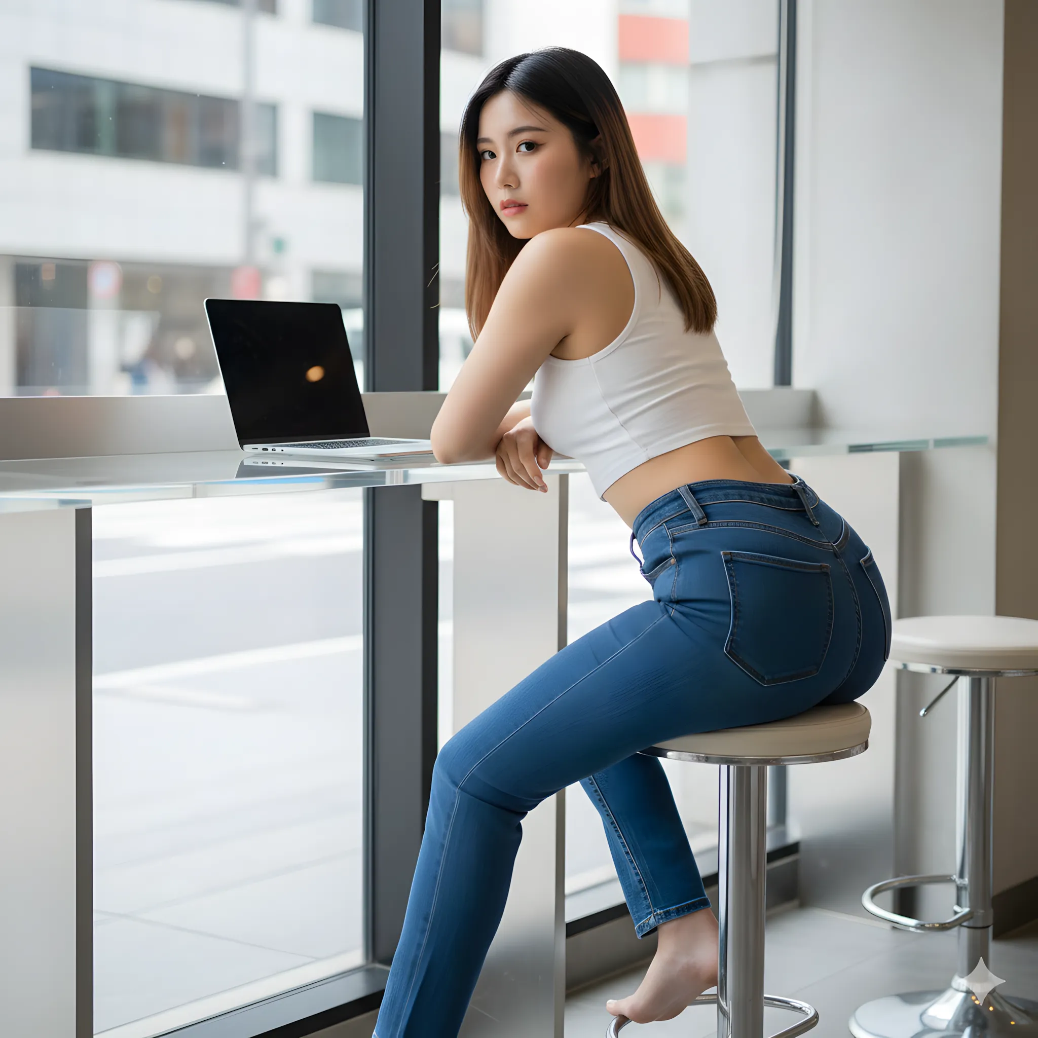 ぴったりジーンズが描くヒップライン 振り向き微エロ